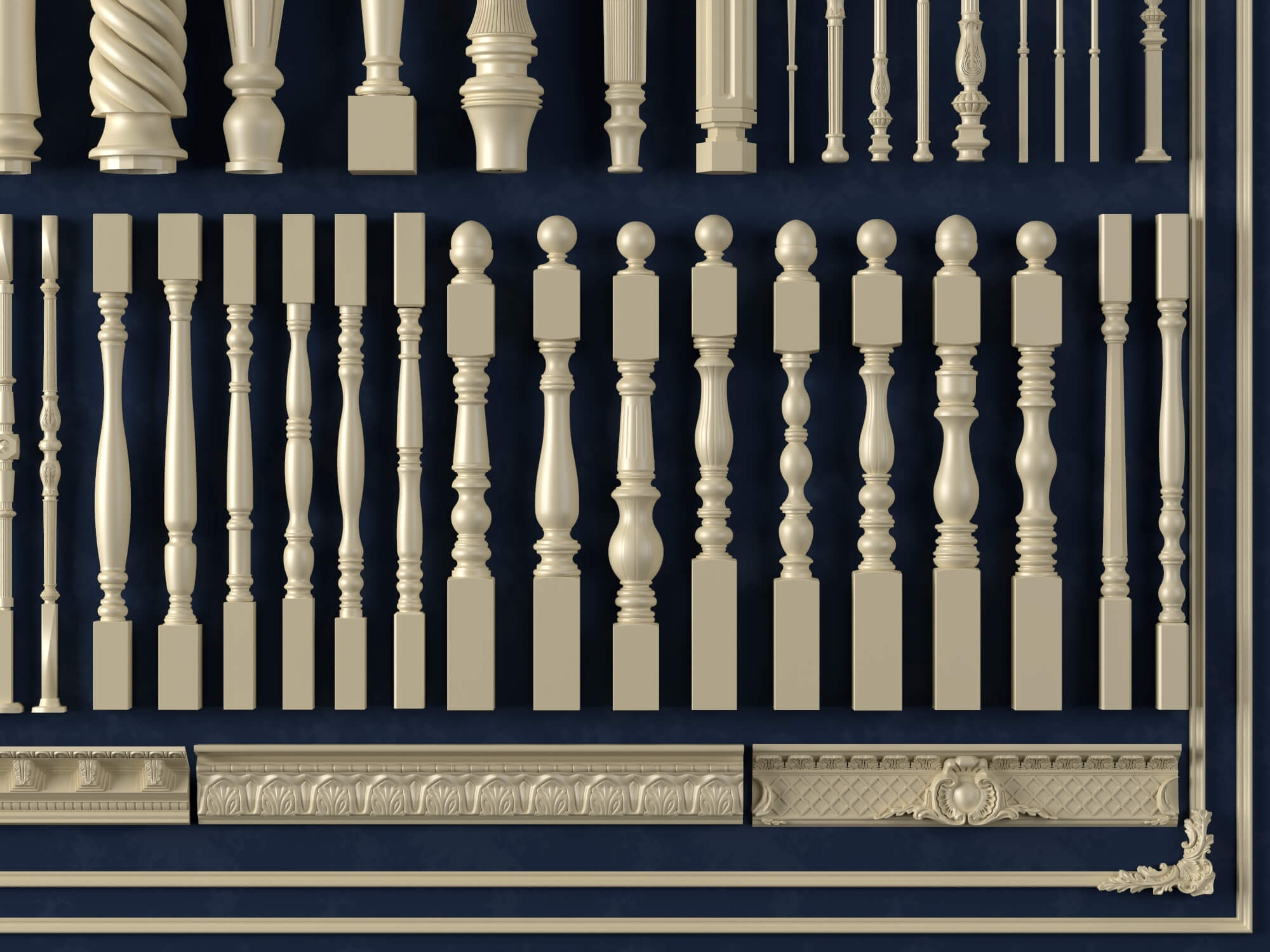 European Style Railing Baluster and Base Molding Collection 3D Model