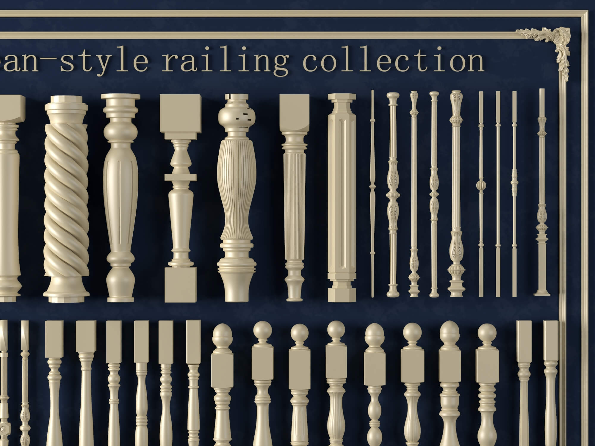 European Style Railing Baluster and Base Molding Collection 3D Model