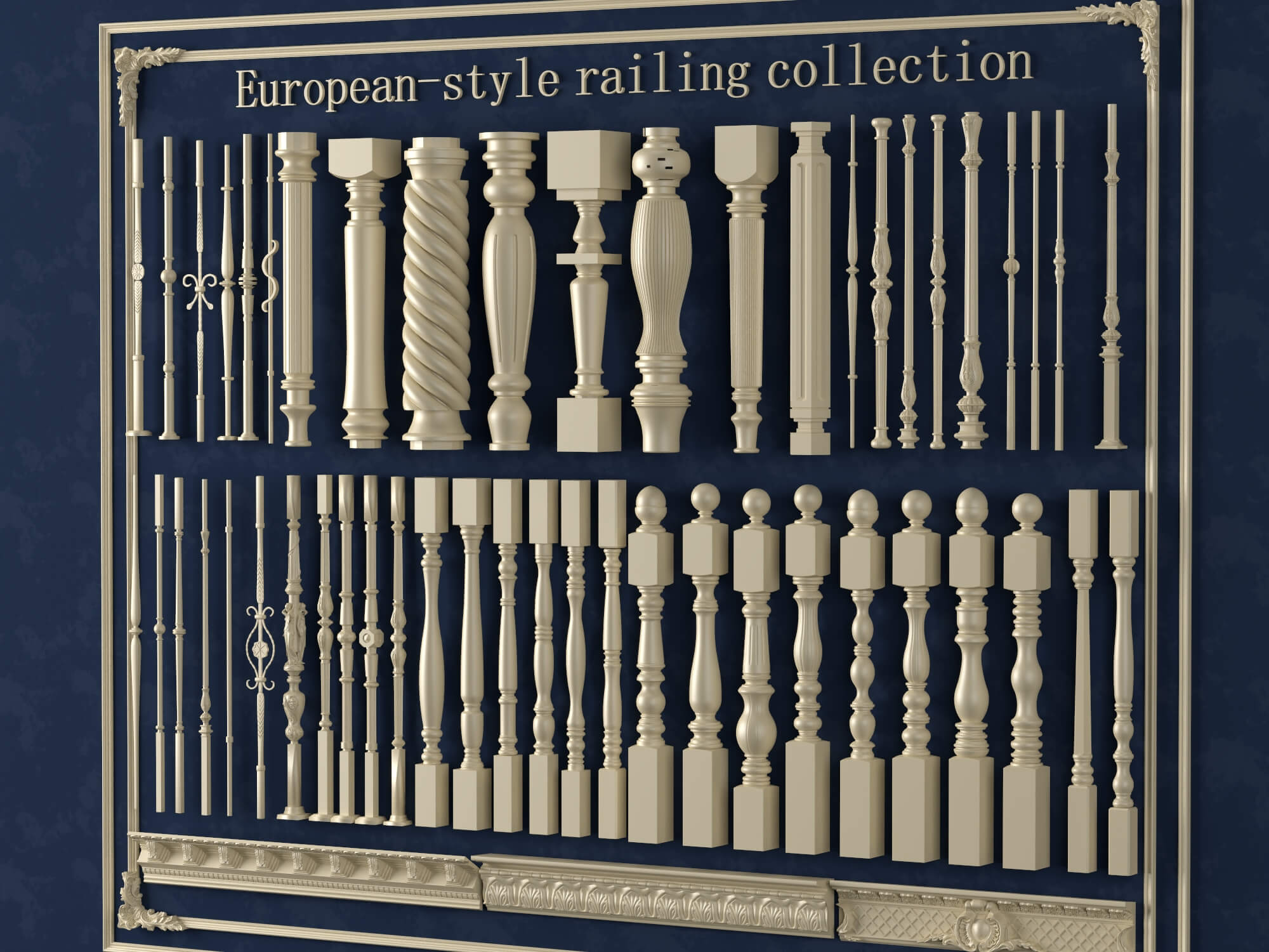 European Style Railing Baluster and Base Molding Collection 3D Model