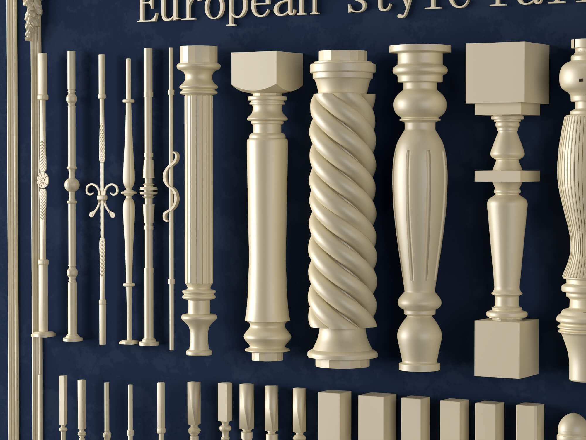 European Style Railing Baluster and Base Molding Collection 3D Model