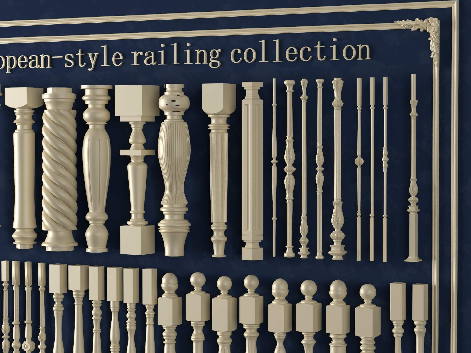 European Style Railing Baluster and Base Molding Collection 3D Model