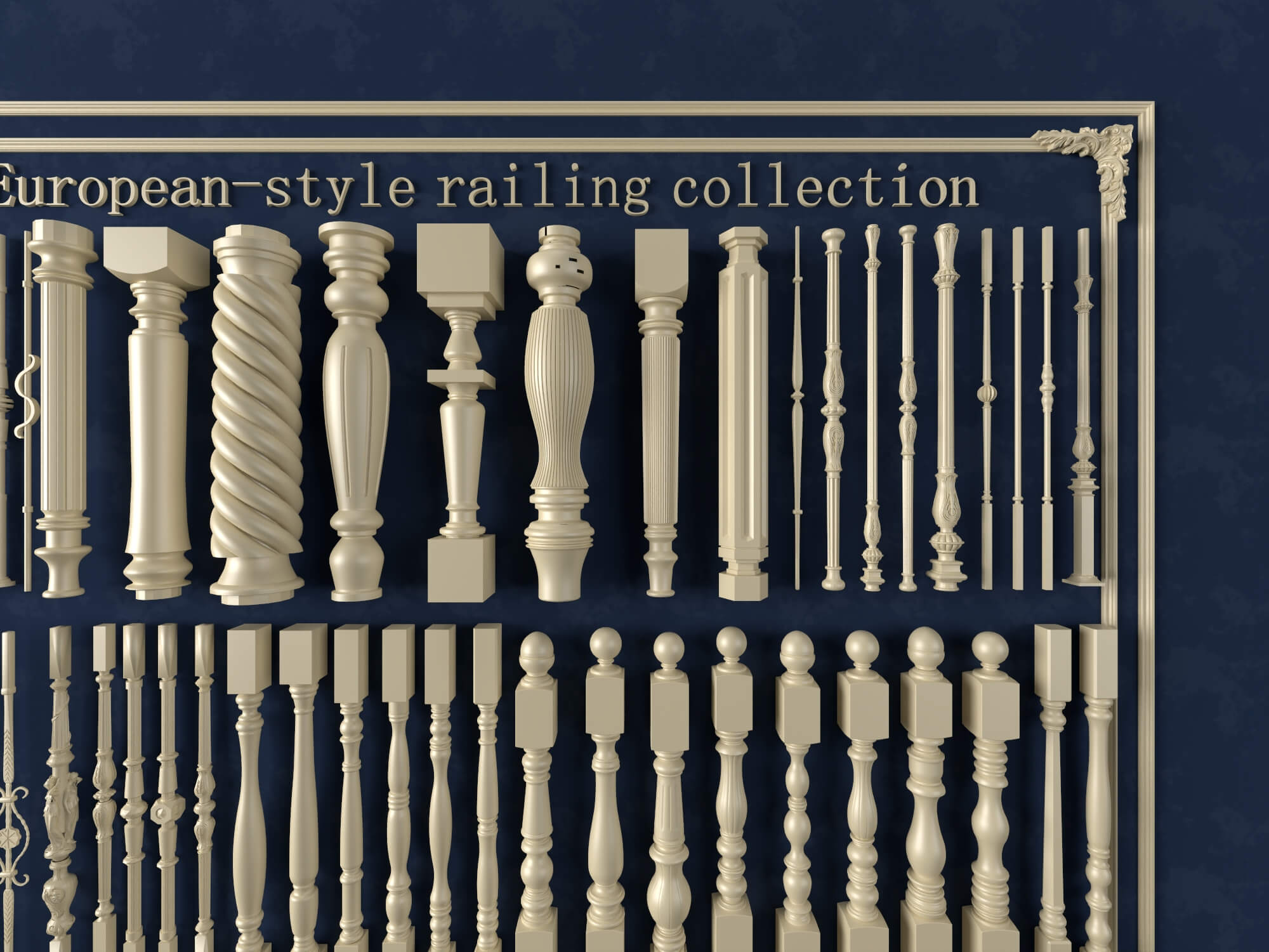 European Style Railing Baluster and Base Molding Collection 3D Model