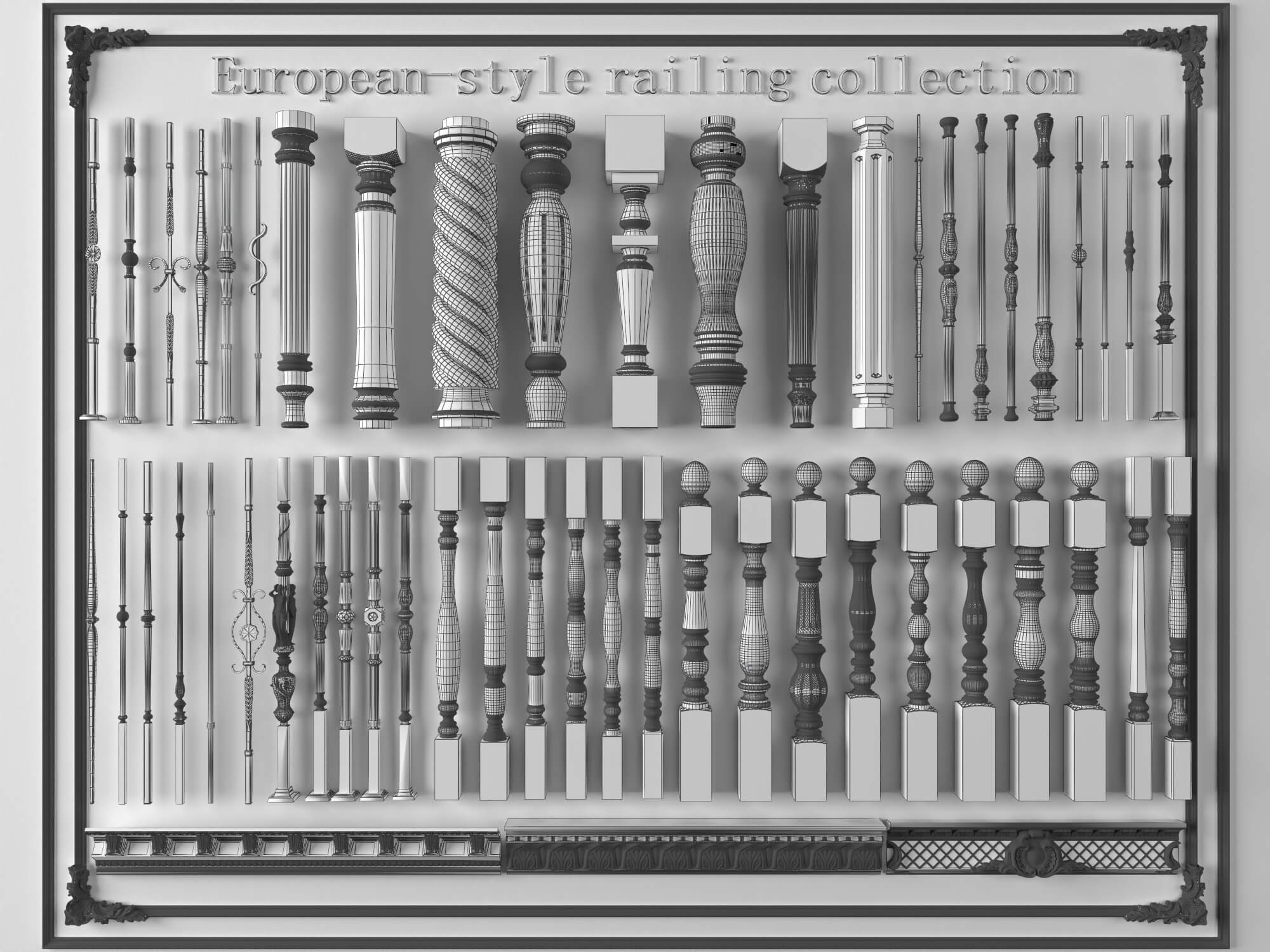 European Style Railing Baluster and Base Molding Collection 3D Model