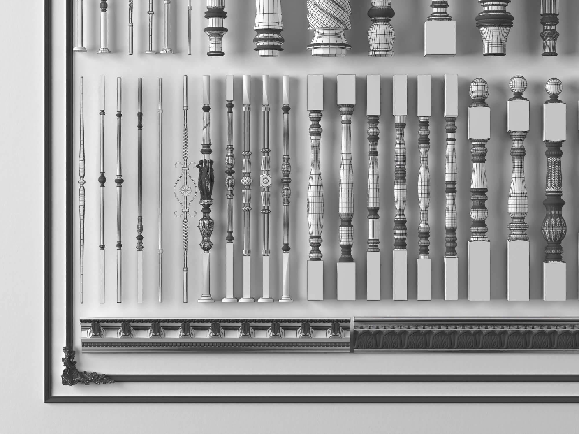 European Style Railing Baluster and Base Molding Collection 3D Model