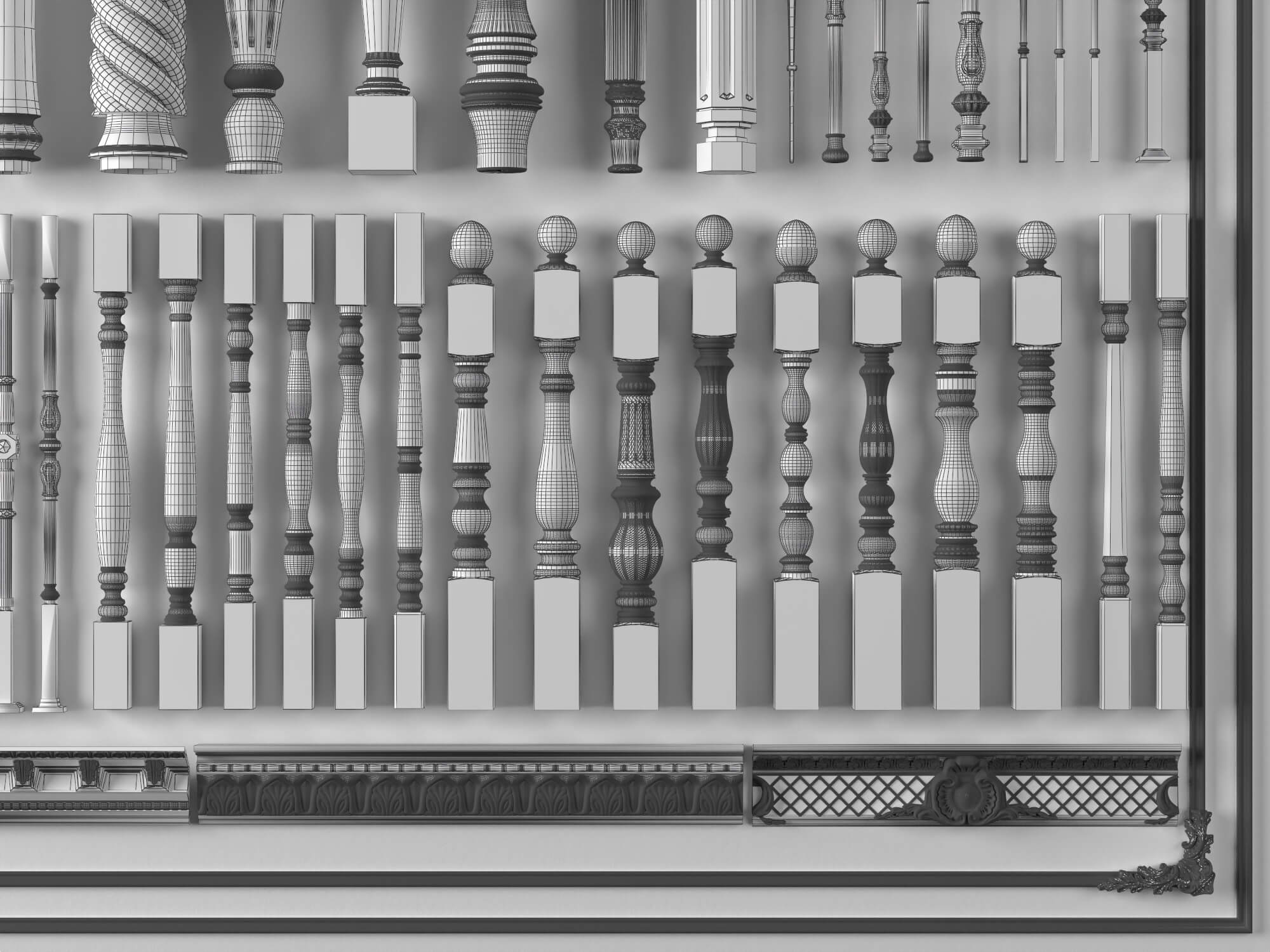 European Style Railing Baluster and Base Molding Collection 3D Model