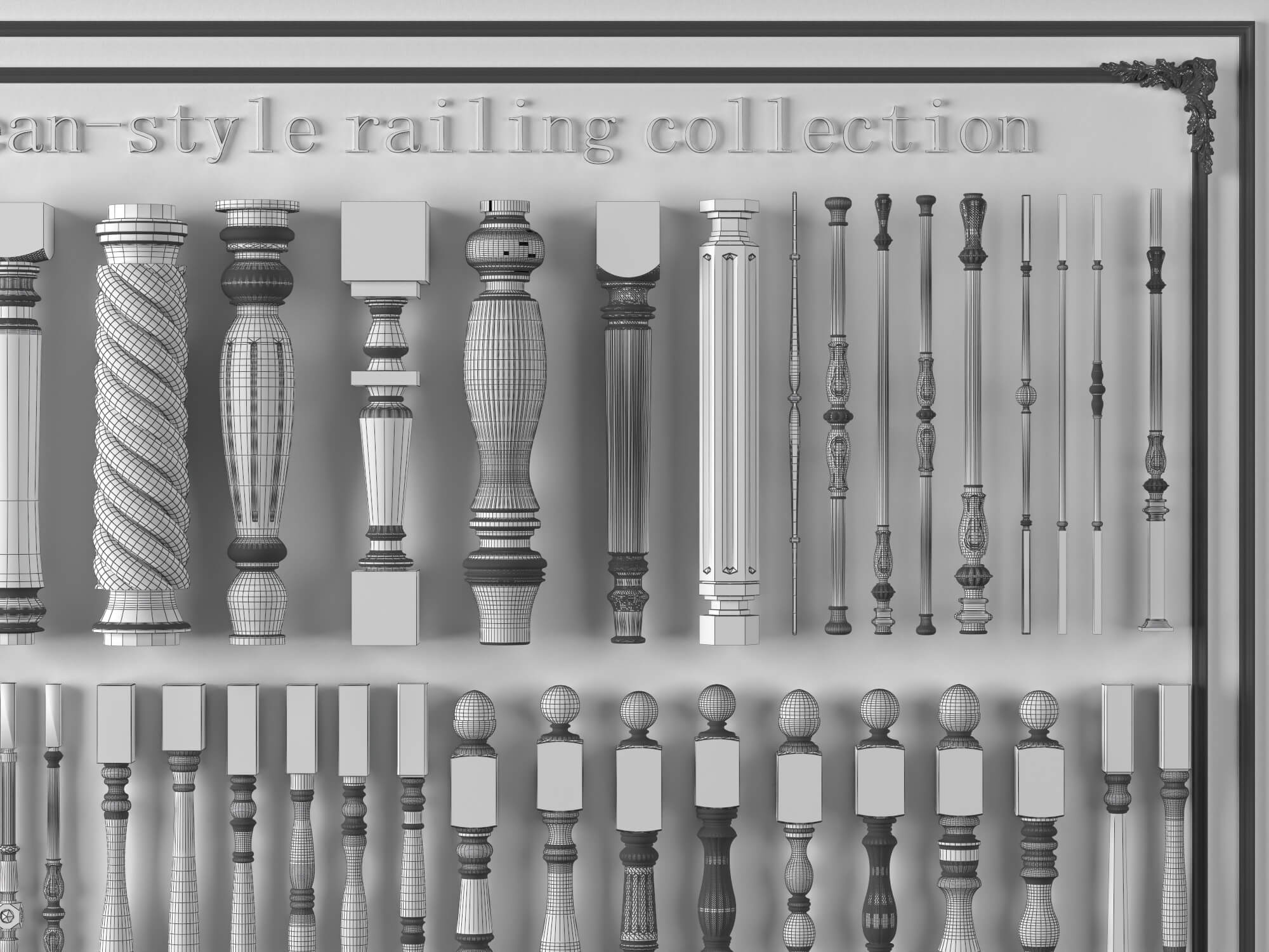 European Style Railing Baluster and Base Molding Collection 3D Model