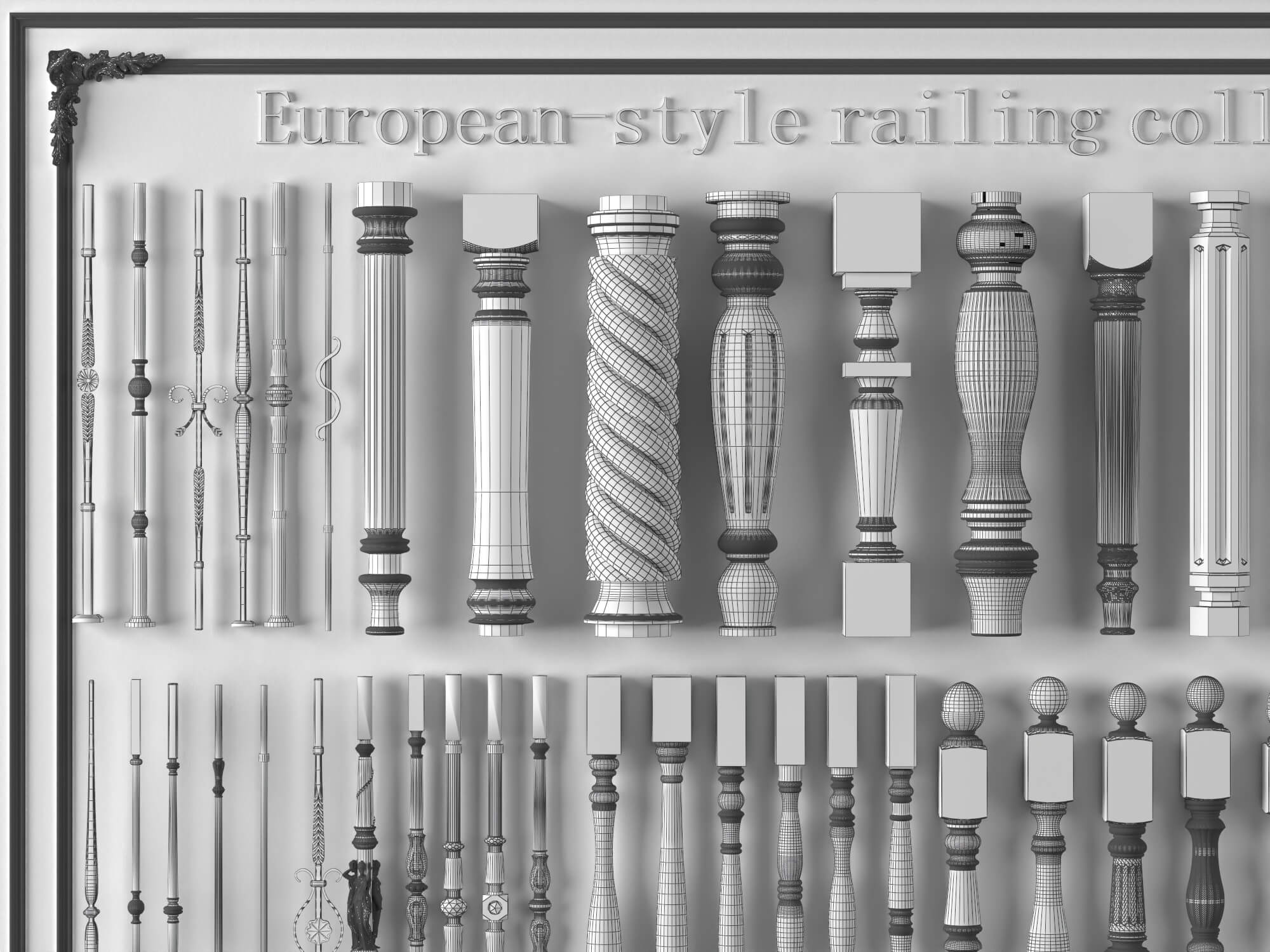 European Style Railing Baluster and Base Molding Collection 3D Model