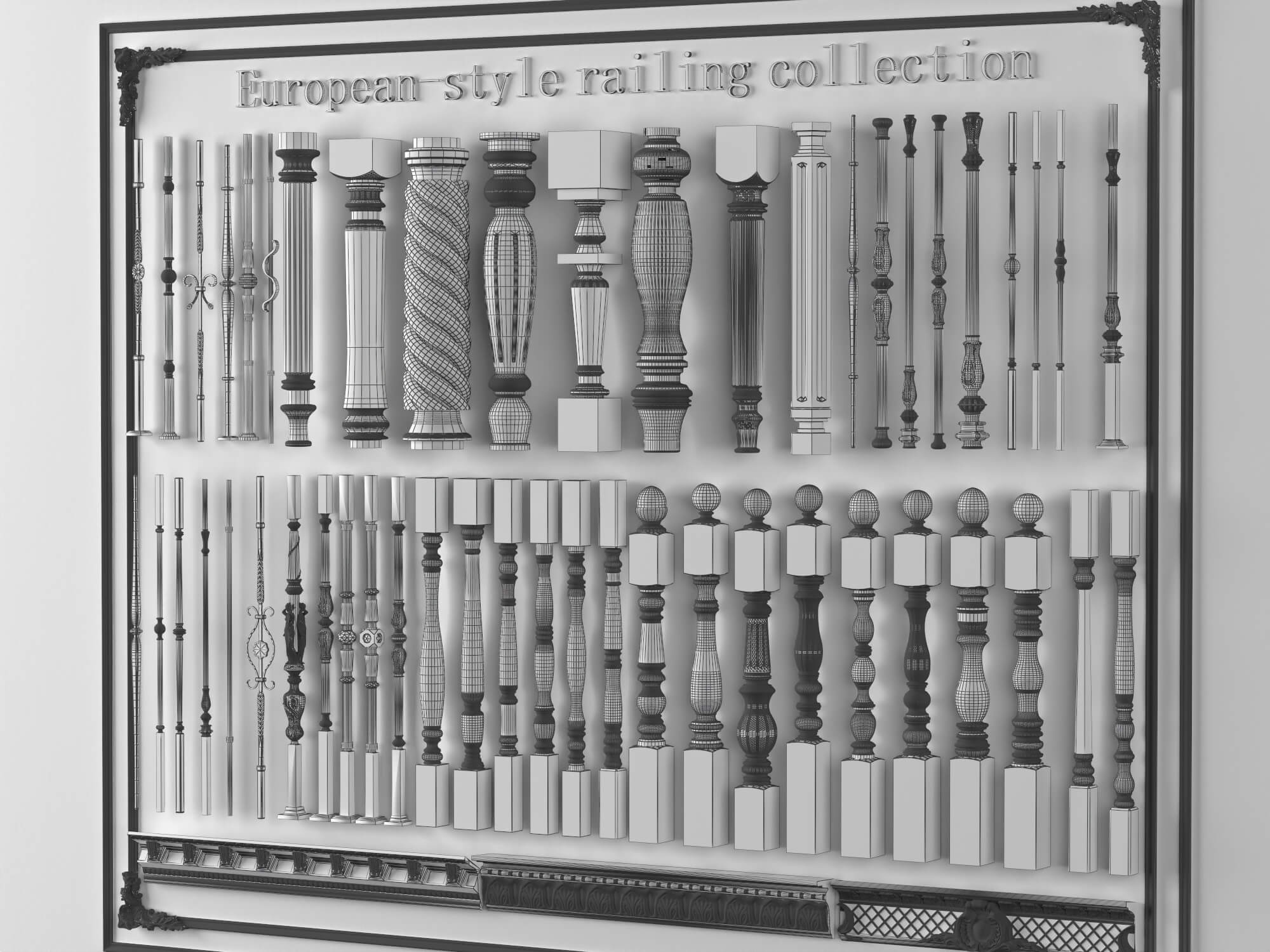 European Style Railing Baluster and Base Molding Collection 3D Model