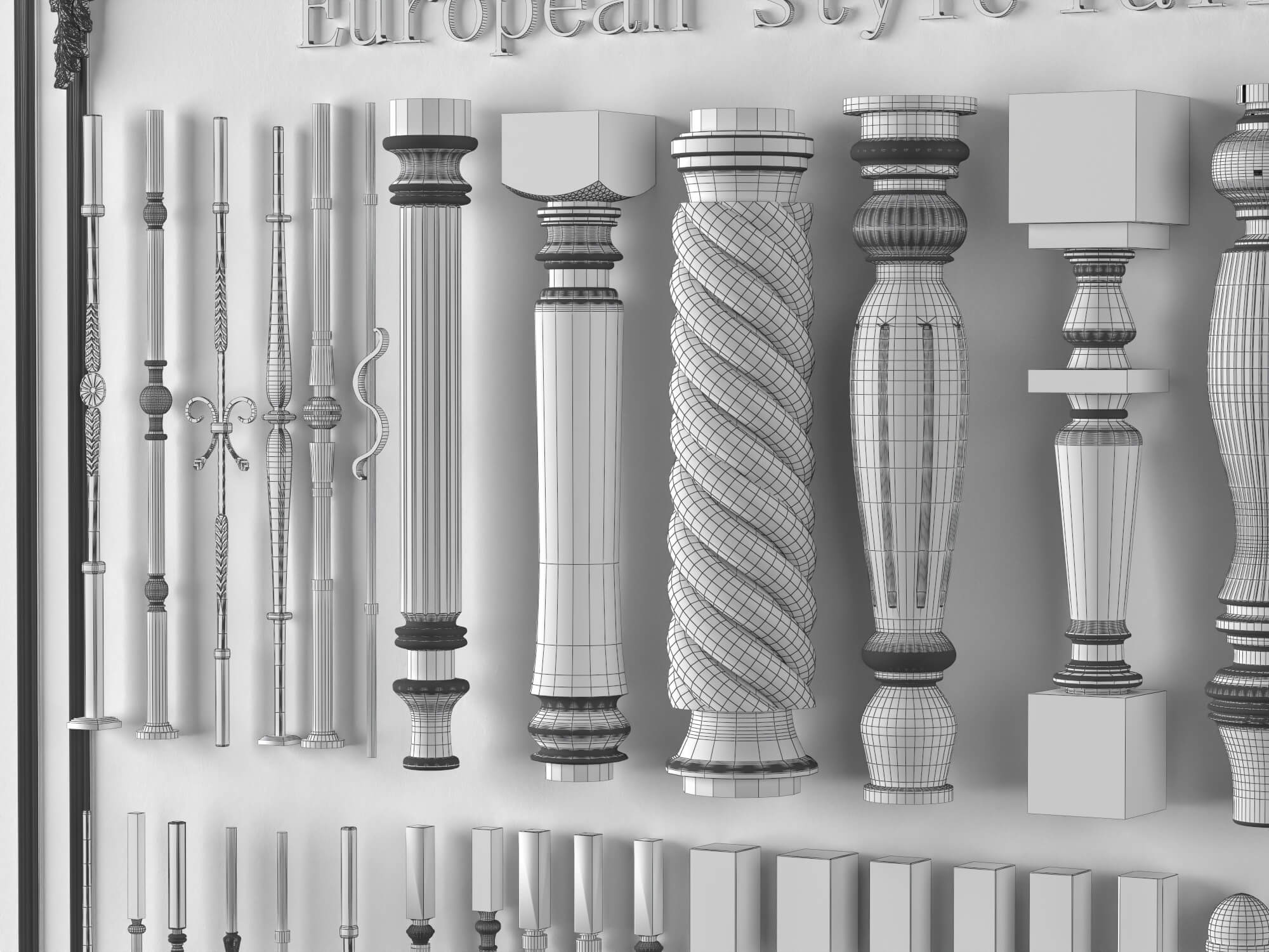 European Style Railing Baluster and Base Molding Collection 3D Model