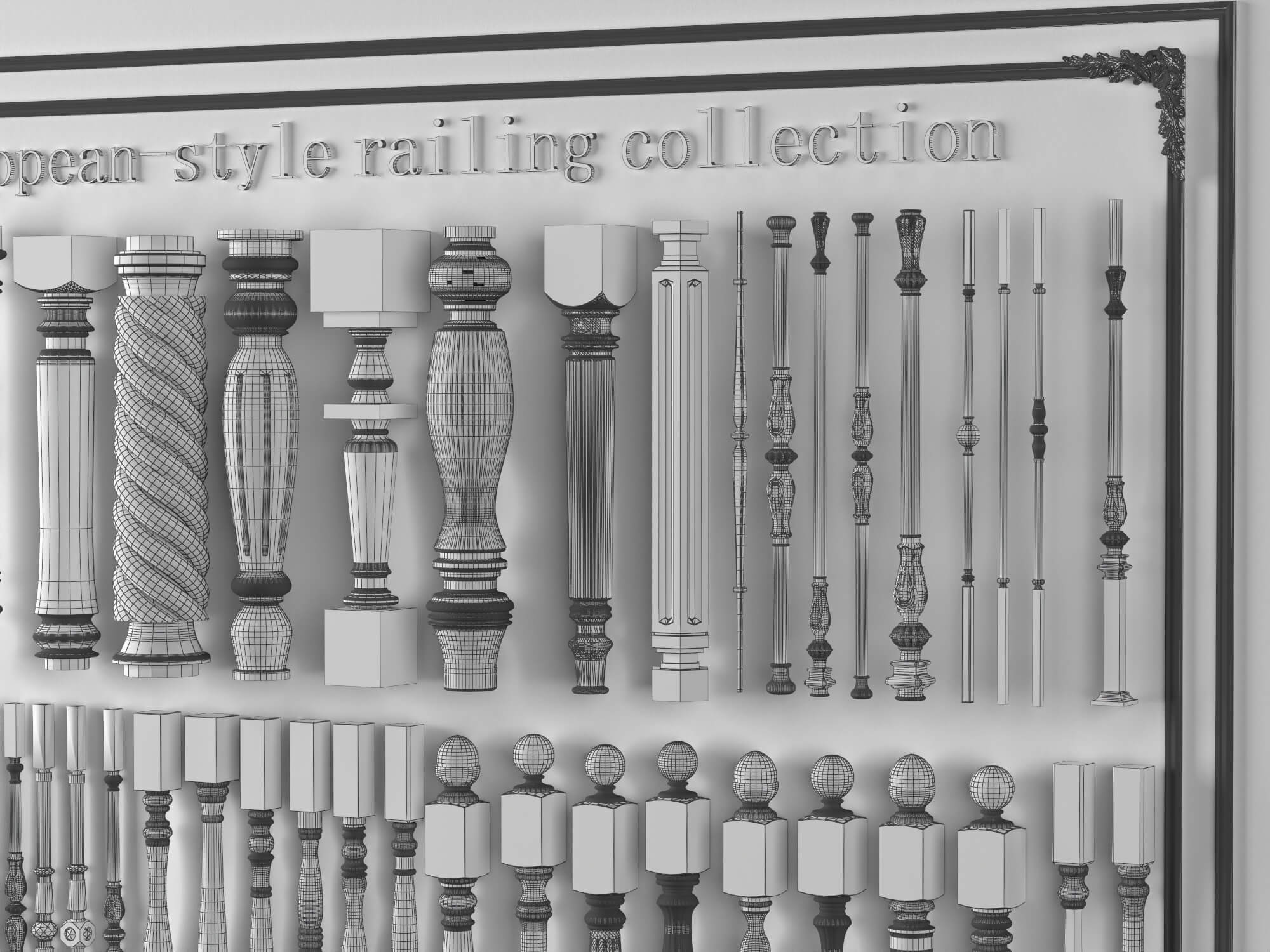 European Style Railing Baluster and Base Molding Collection 3D Model