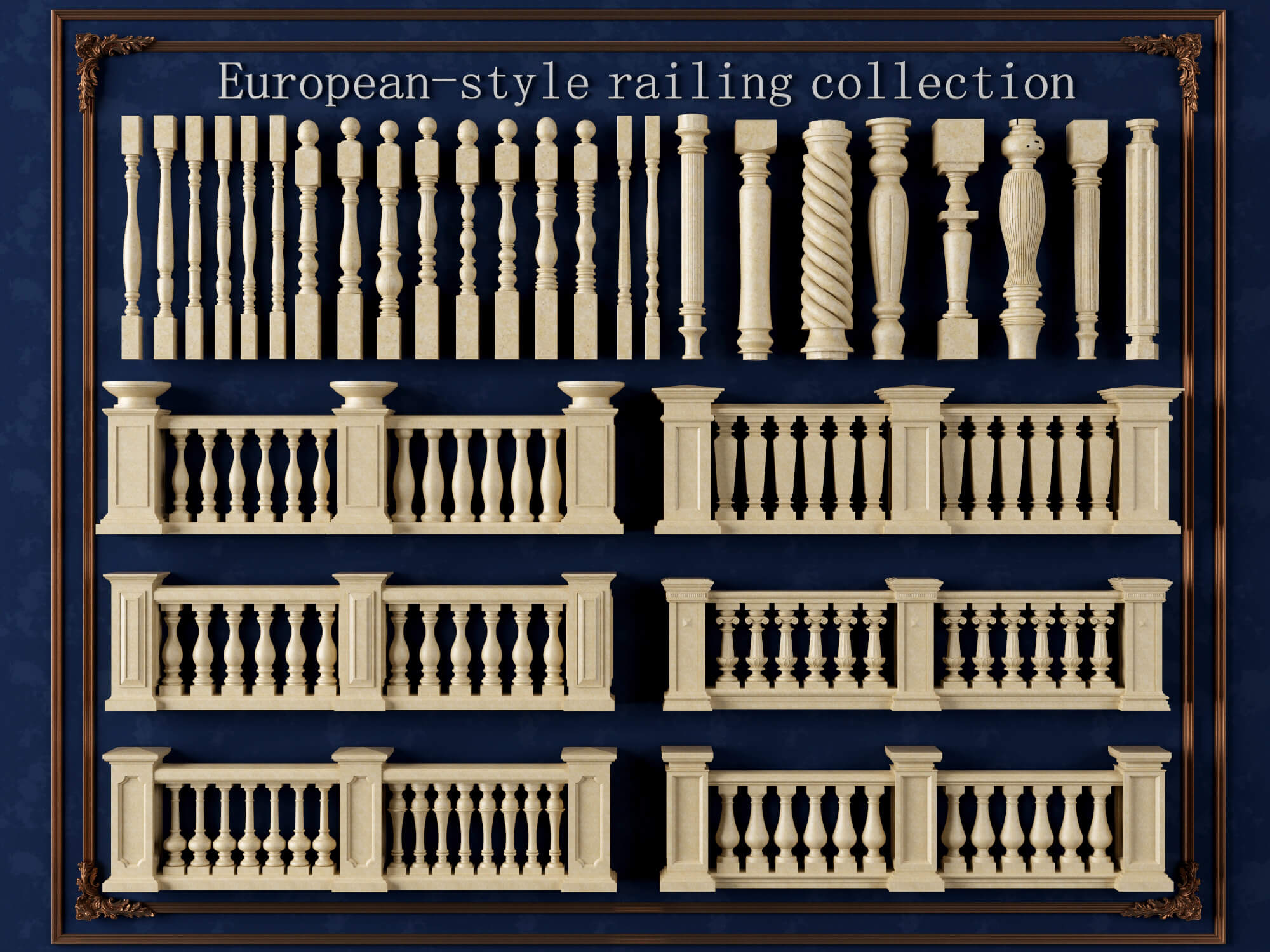 European Style Stone Railing and Baluster Collection 3D Model