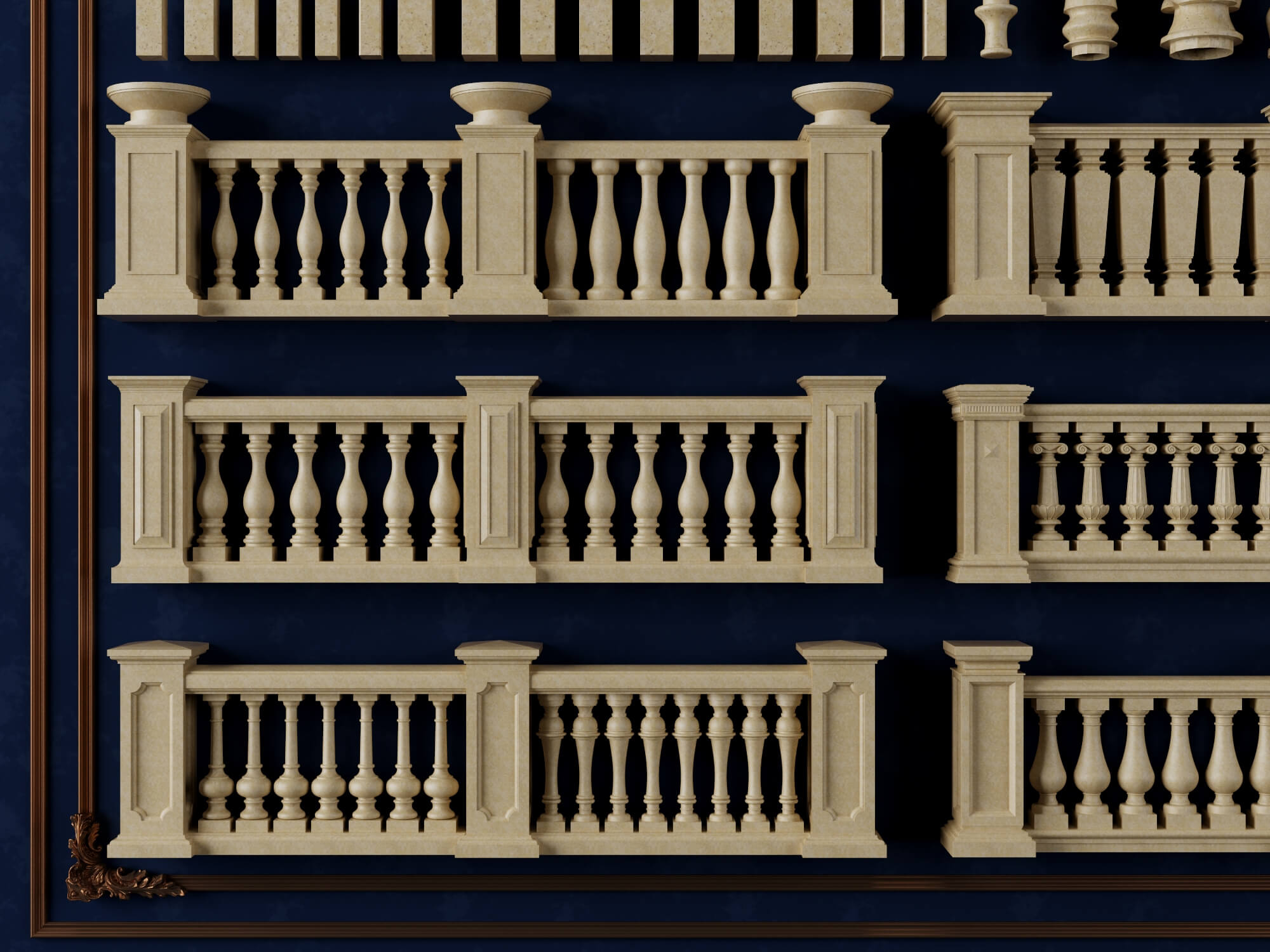 European Style Stone Railing and Baluster Collection 3D Model
