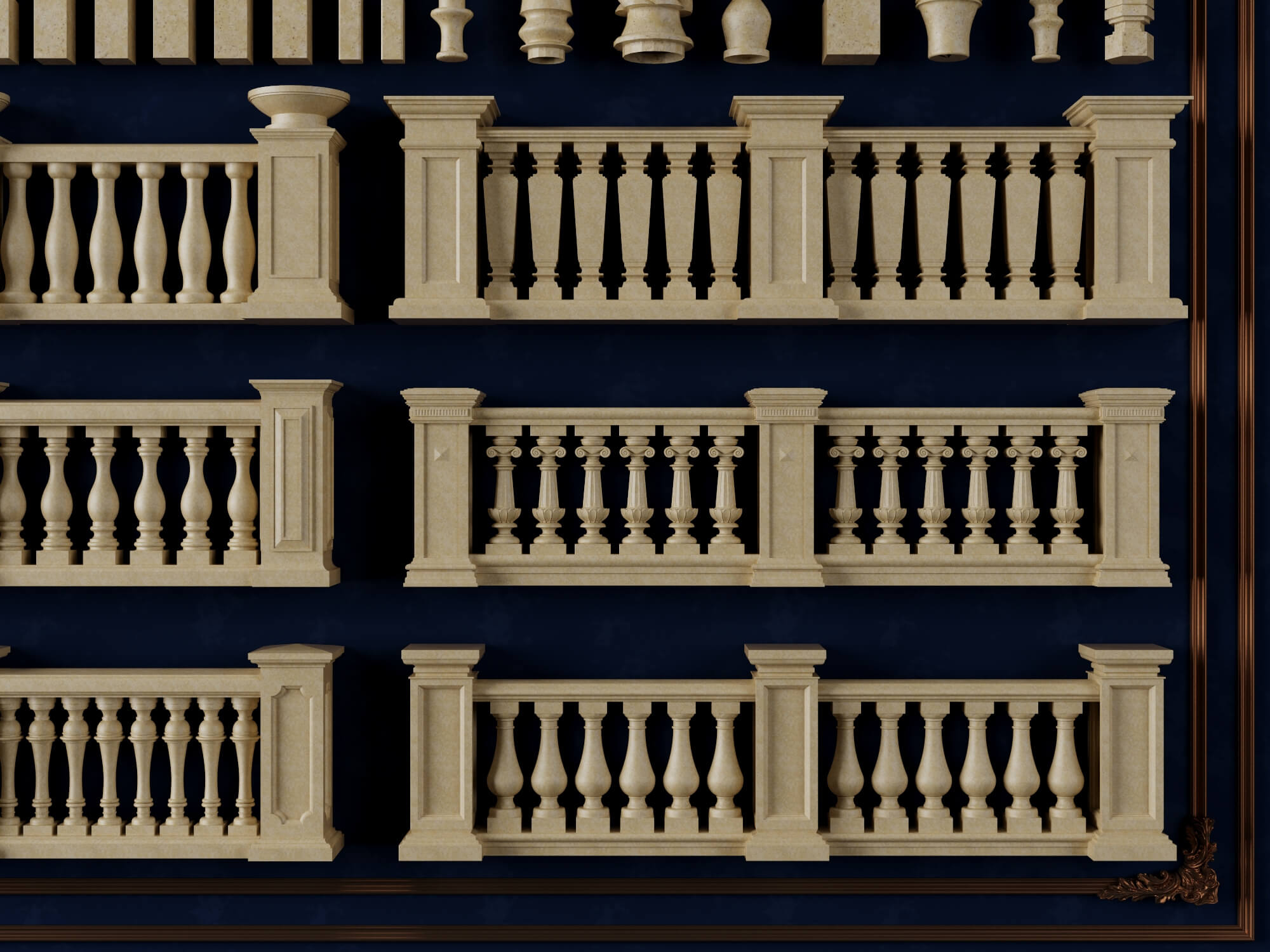 European Style Stone Railing and Baluster Collection 3D Model