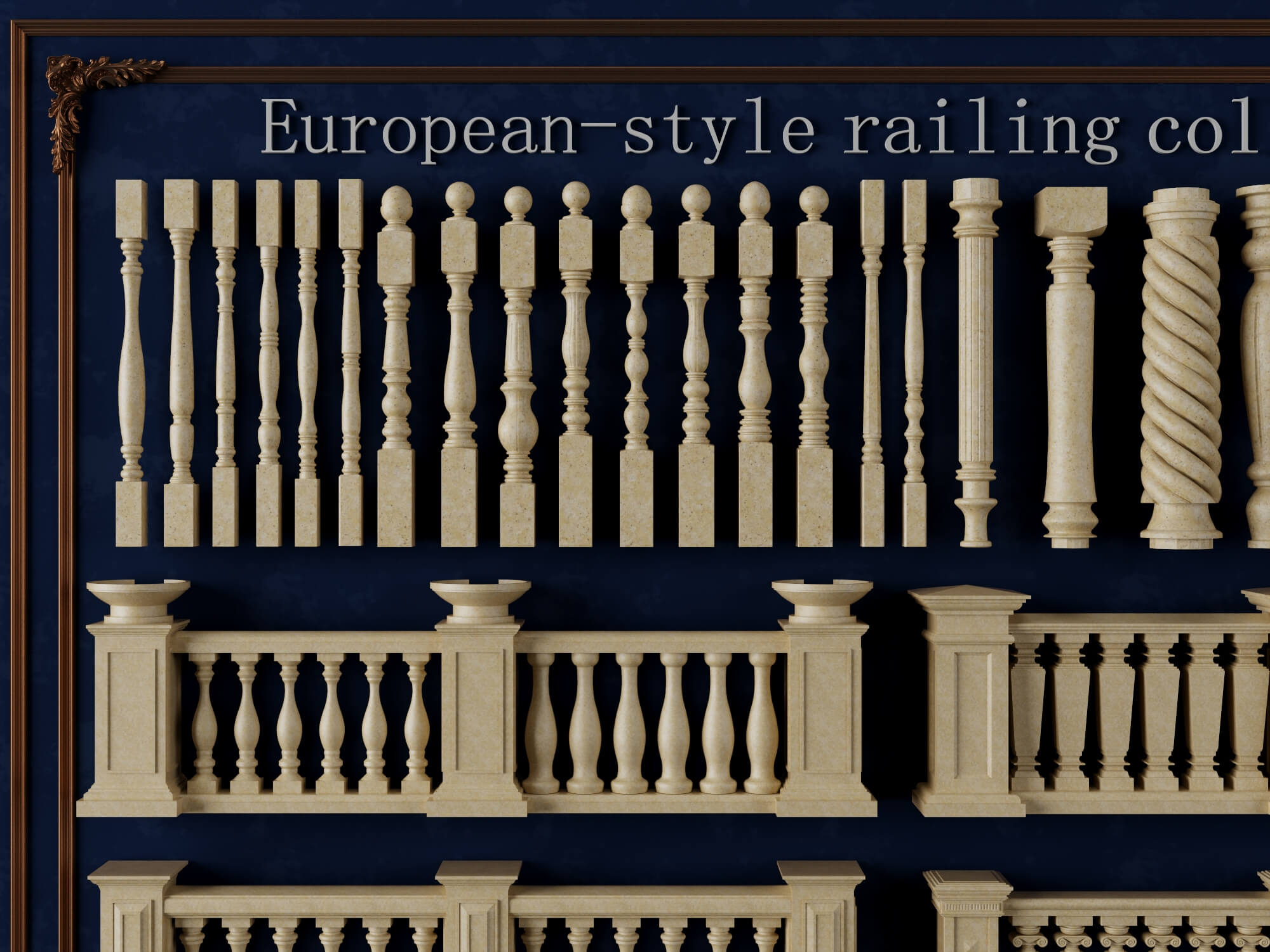 European Style Stone Railing and Baluster Collection 3D Model