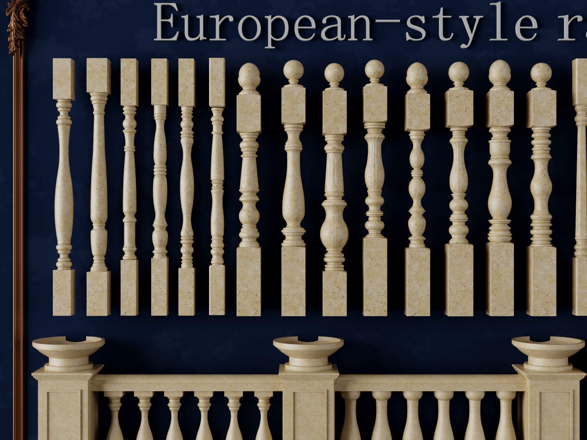European Style Stone Railing and Baluster Collection 3D Model