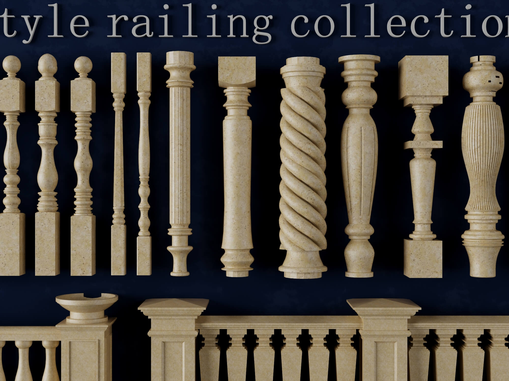 European Style Stone Railing and Baluster Collection 3D Model