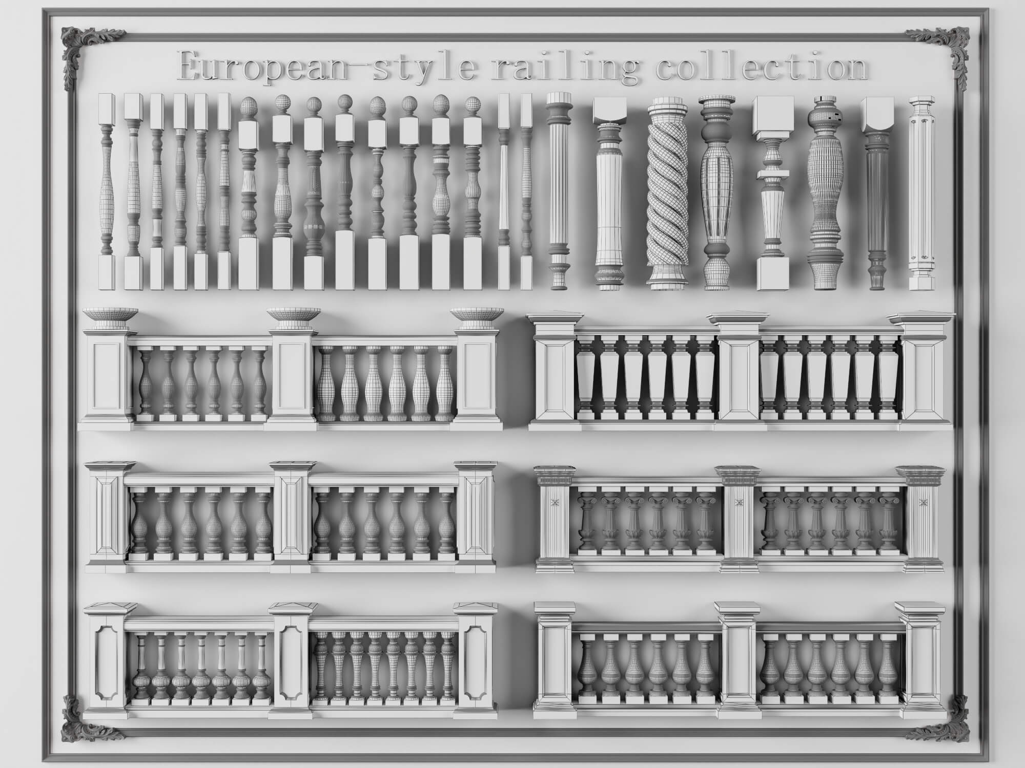 European Style Stone Railing and Baluster Collection 3D Model