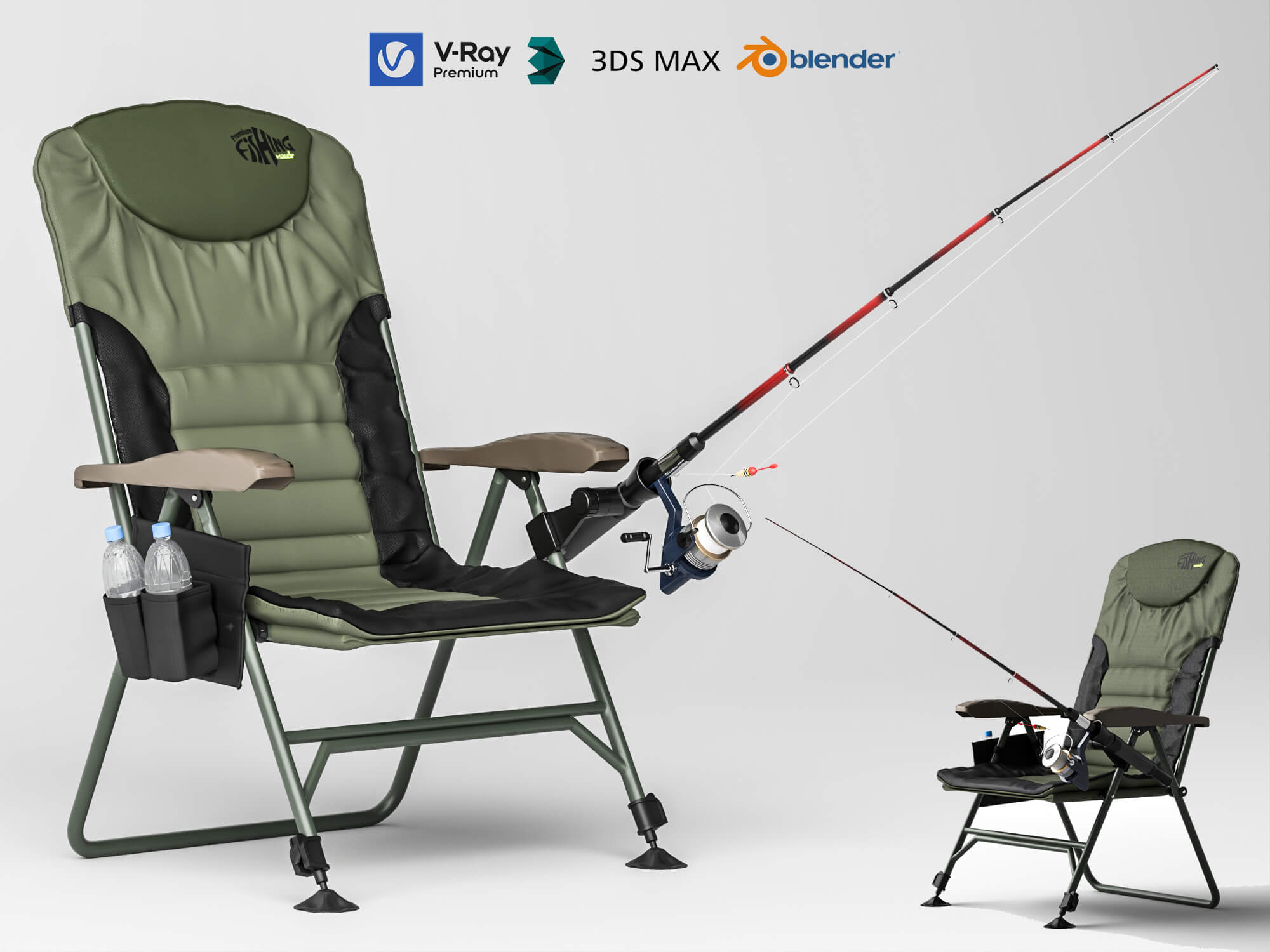 Folding Fishing Chair with Fishing Rod 3D Model