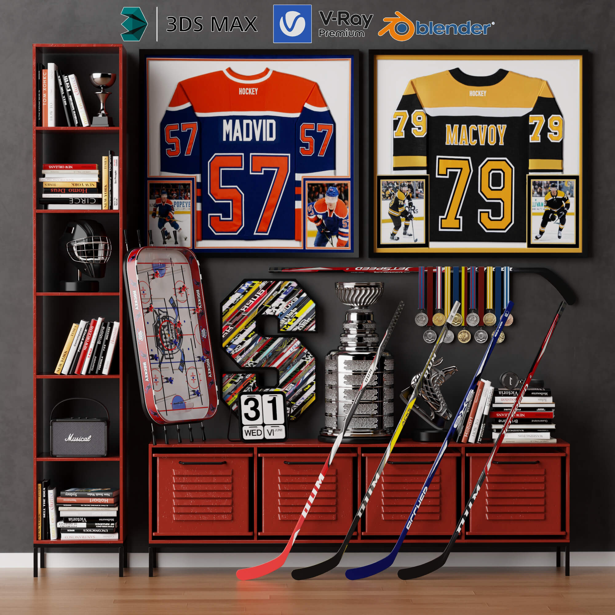 Hockey Sports Memorabilia Interior Decor Lowpoly 3D Scene 3D Model
