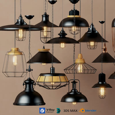 Industrial Pendant Lights Collection Lowpoly 3D Models