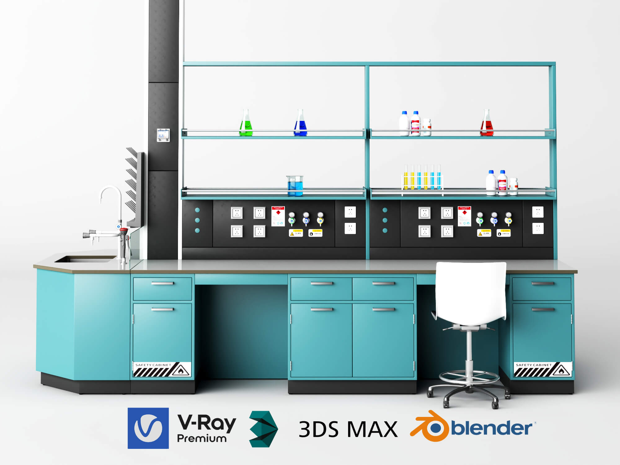 Laboratory Workbench with Chemical Glassware and Chair 3D Model