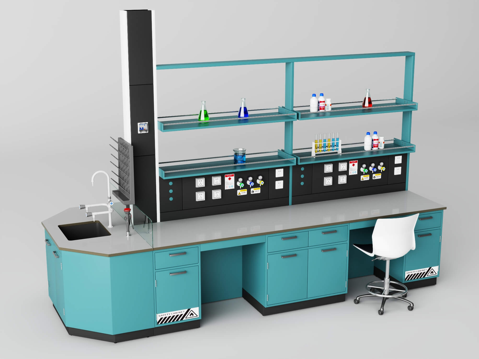 Laboratory Workbench with Chemical Glassware and Chair 3D Model