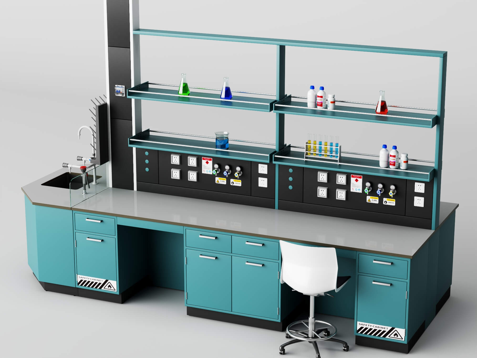 Laboratory Workbench with Chemical Glassware and Chair 3D Model