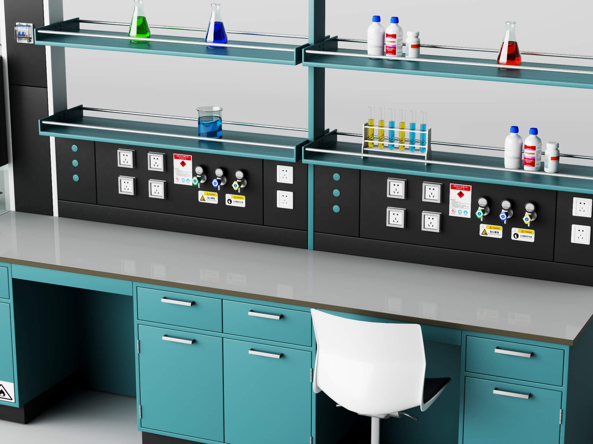 Laboratory Workbench with Chemical Glassware and Chair 3D Model