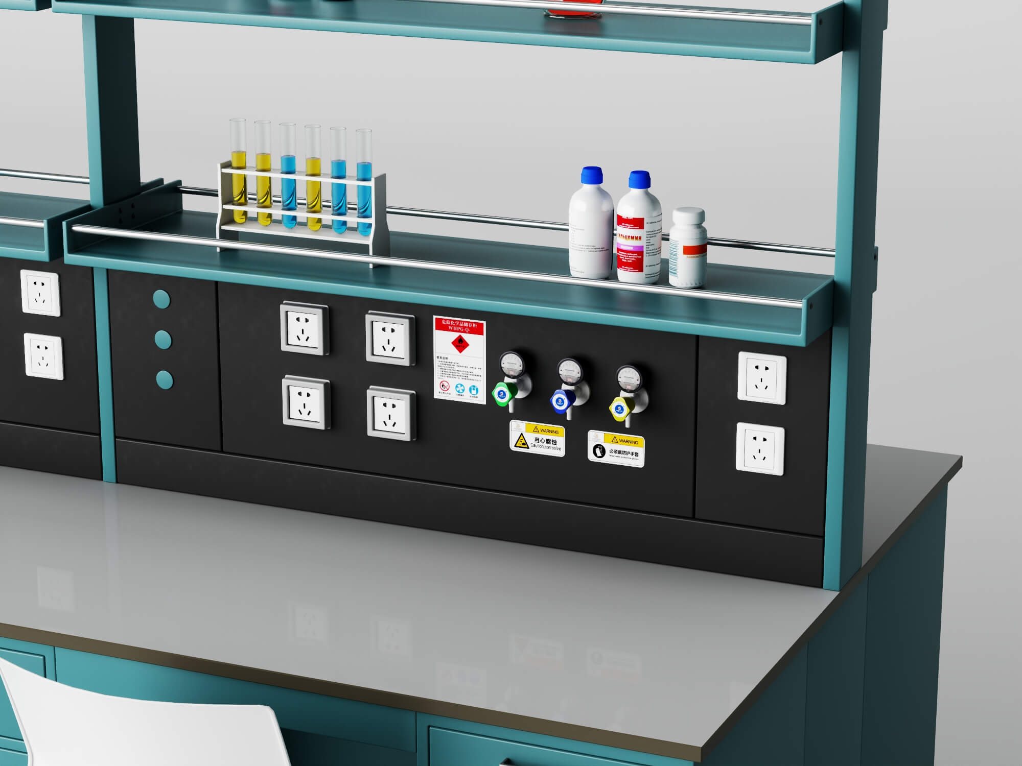 Laboratory Workbench with Chemical Glassware and Chair 3D Model