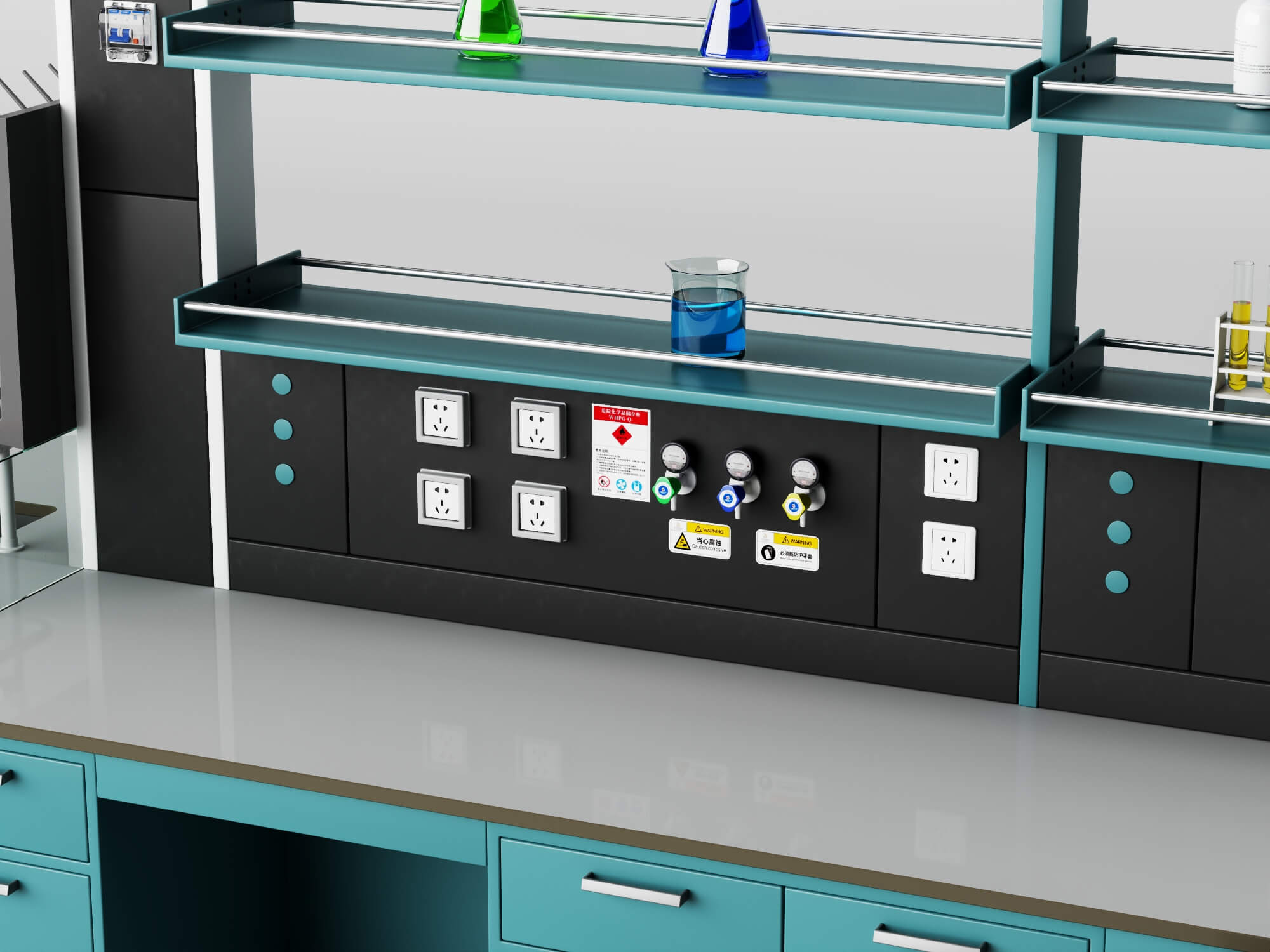 Laboratory Workbench with Chemical Glassware and Chair 3D Model