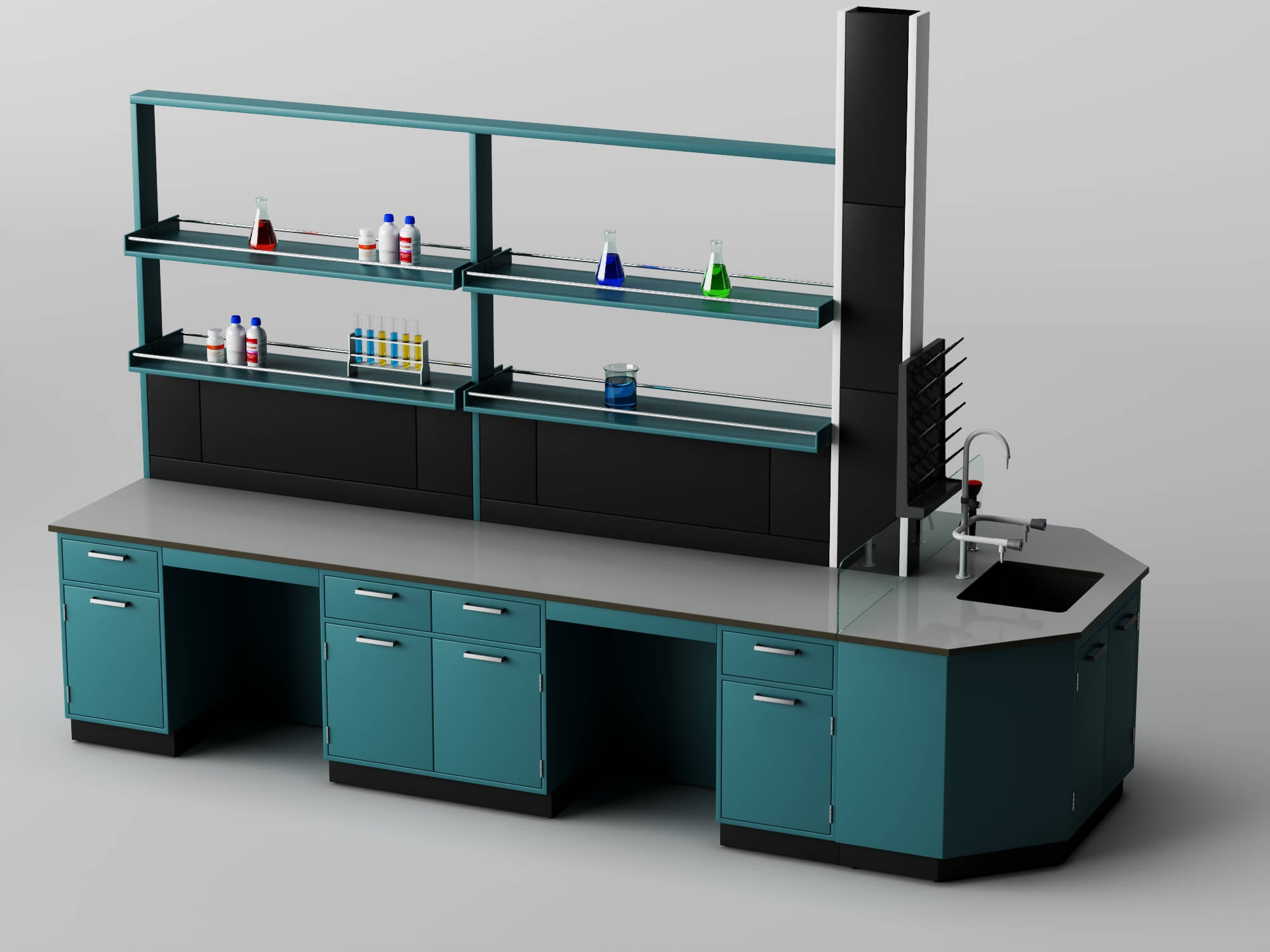 Laboratory Workbench with Chemical Glassware and Chair 3D Model