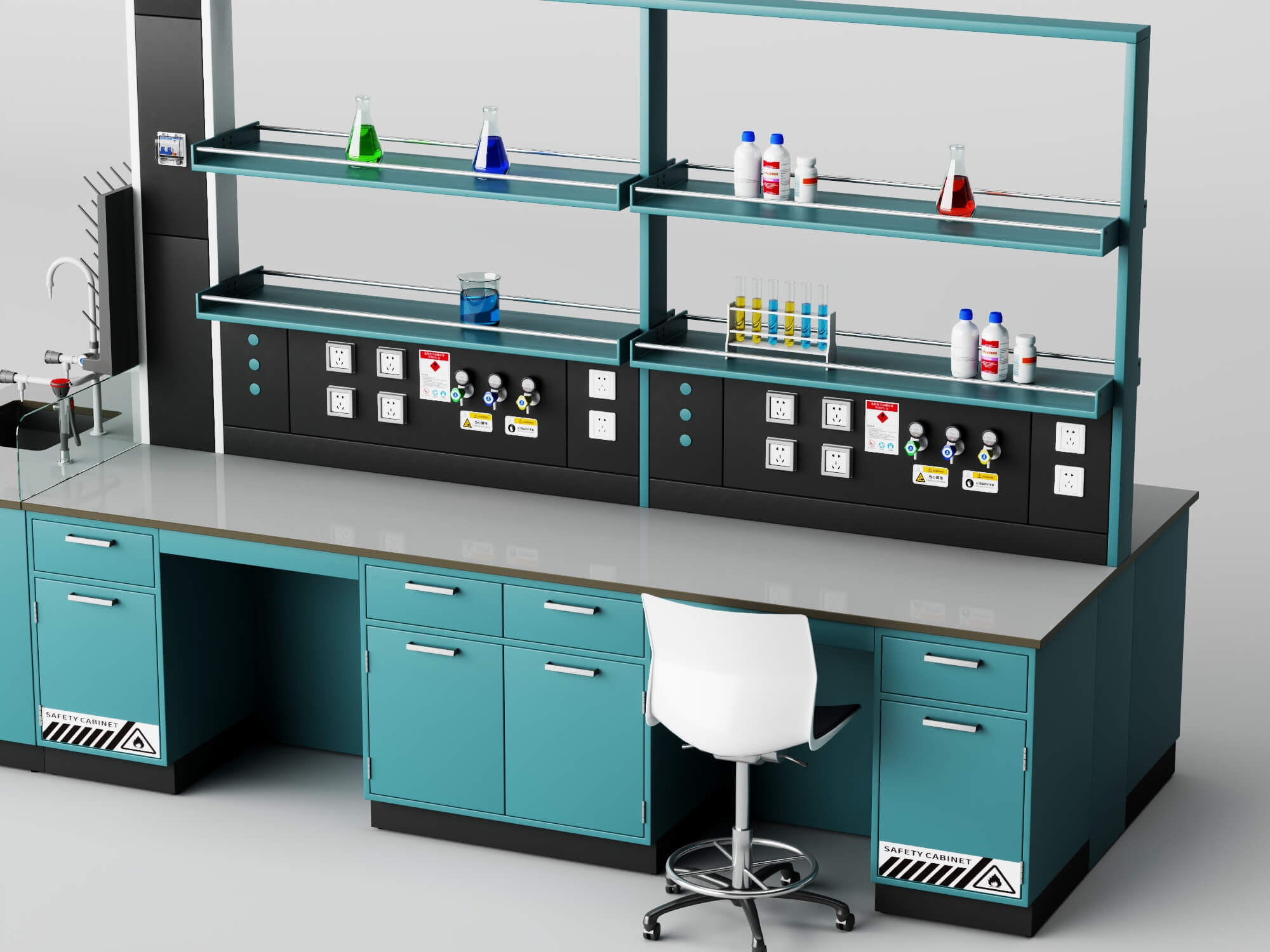 Laboratory Workbench with Chemical Glassware and Chair 3D Model