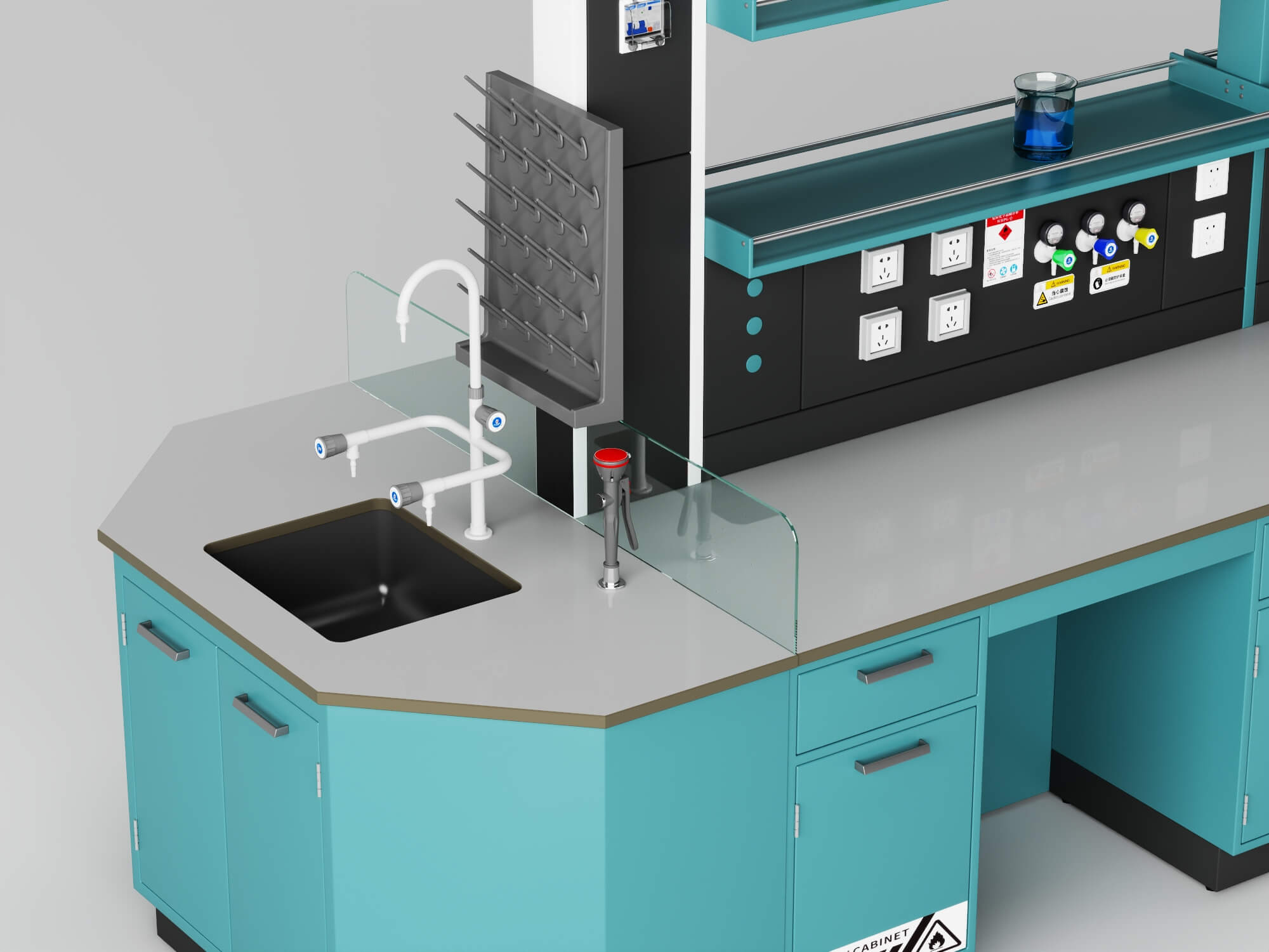 Laboratory Workbench with Chemical Glassware and Chair 3D Model
