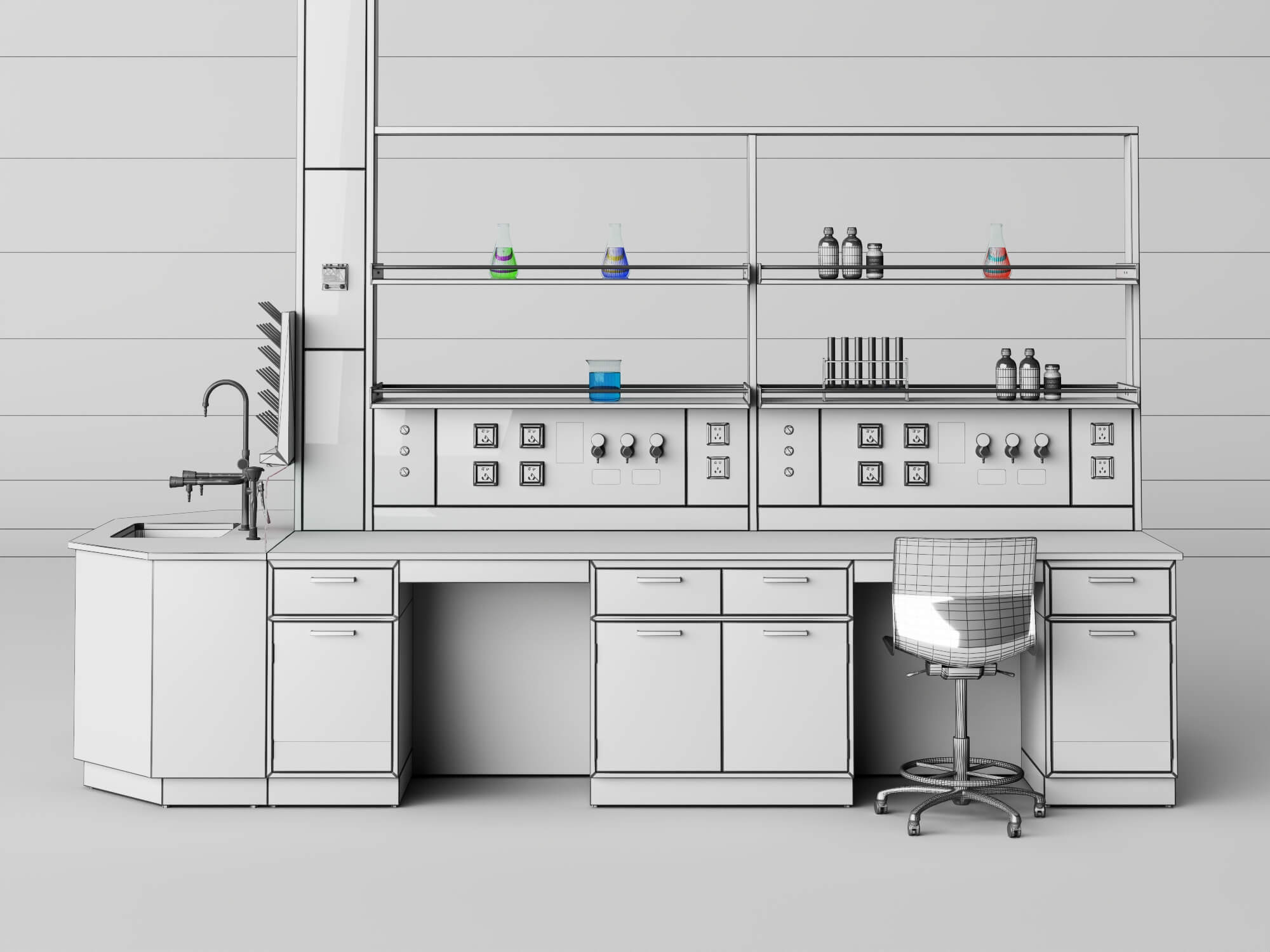 Laboratory Workbench with Chemical Glassware and Chair 3D Model