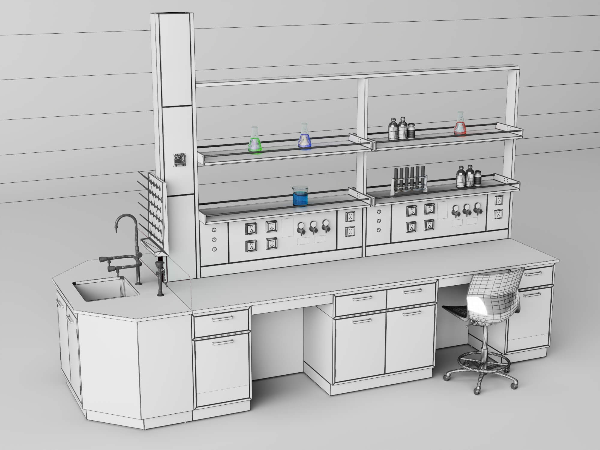 Laboratory Workbench with Chemical Glassware and Chair 3D Model