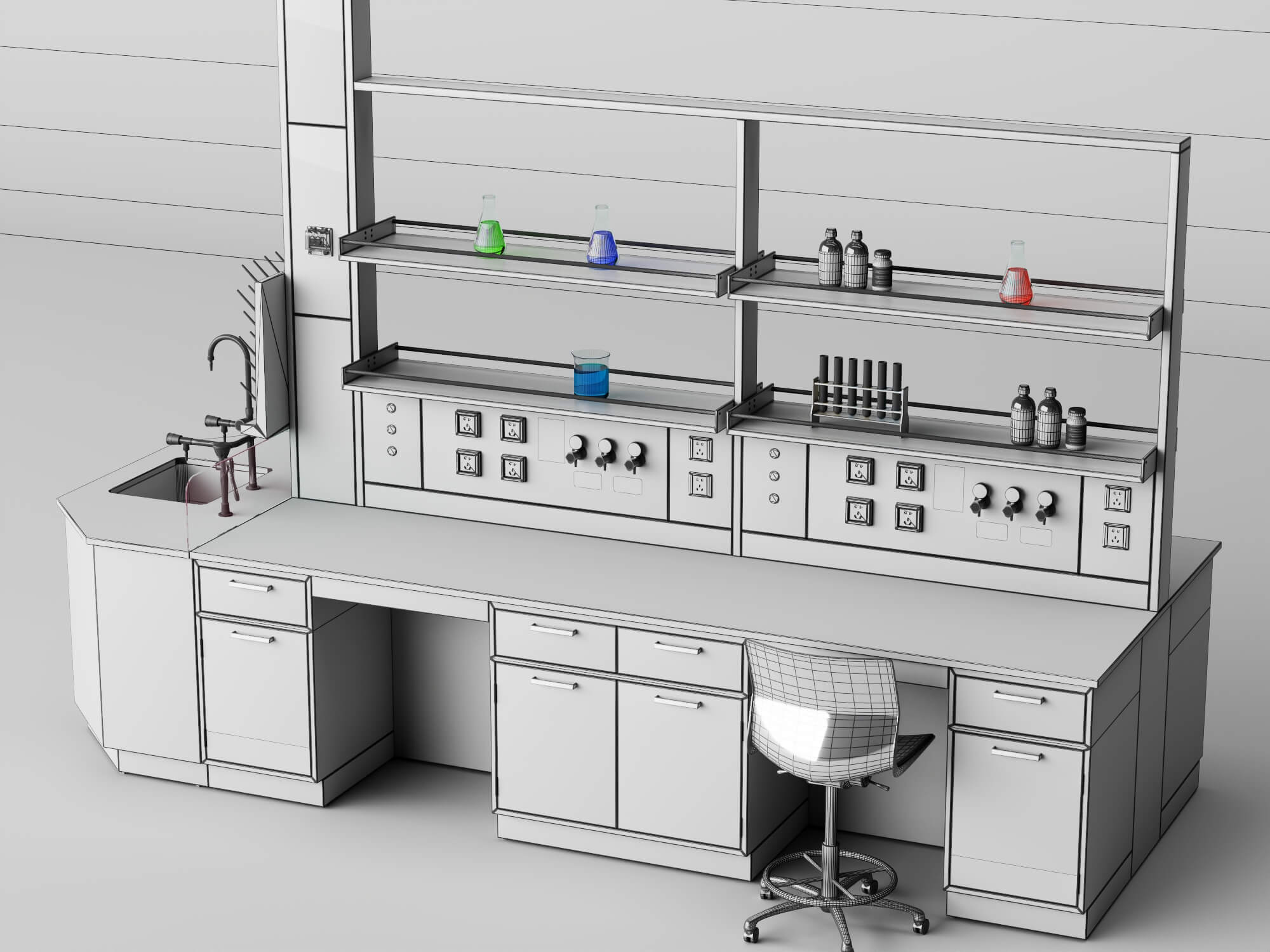 Laboratory Workbench with Chemical Glassware and Chair 3D Model