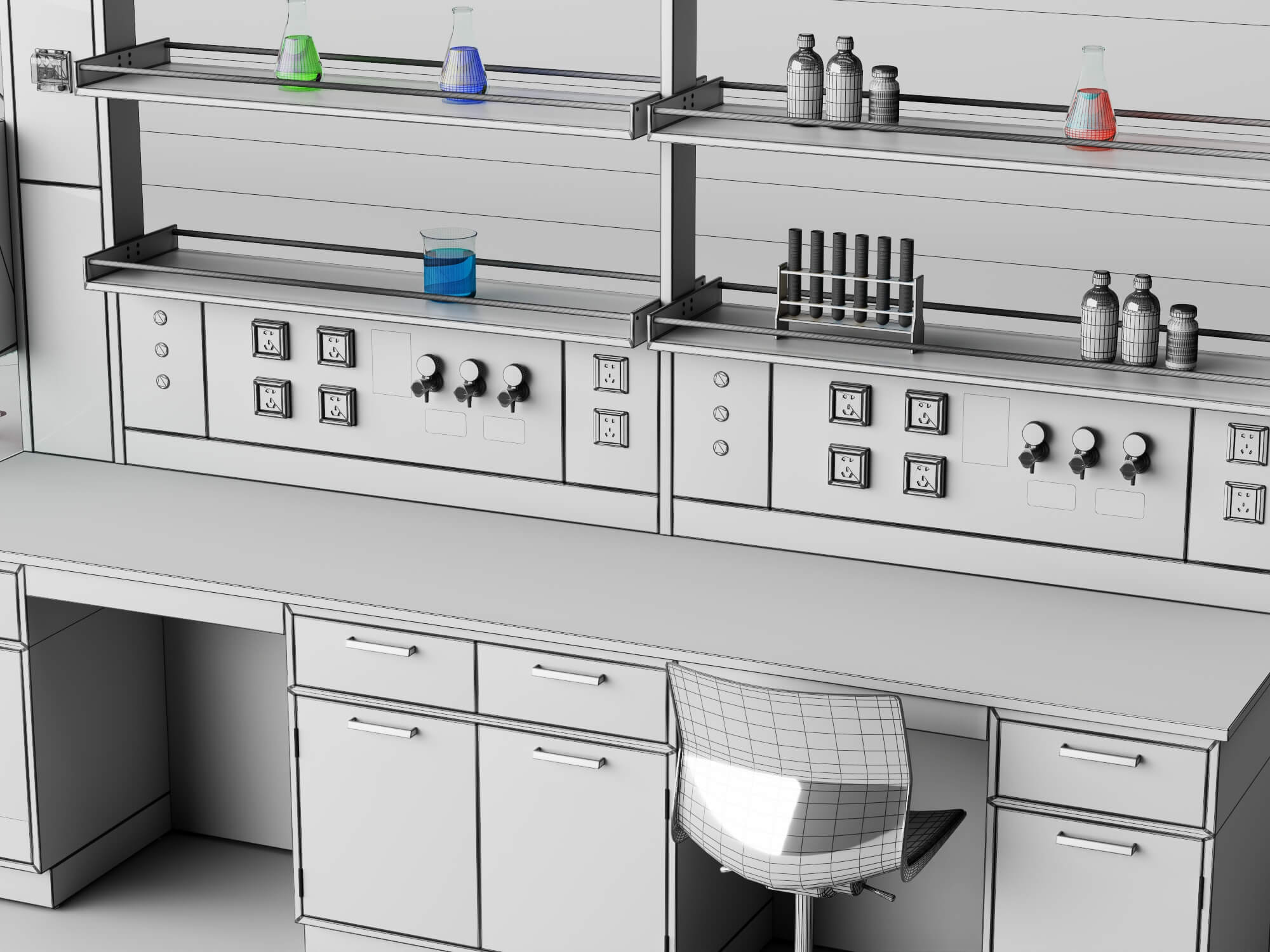 Laboratory Workbench with Chemical Glassware and Chair 3D Model