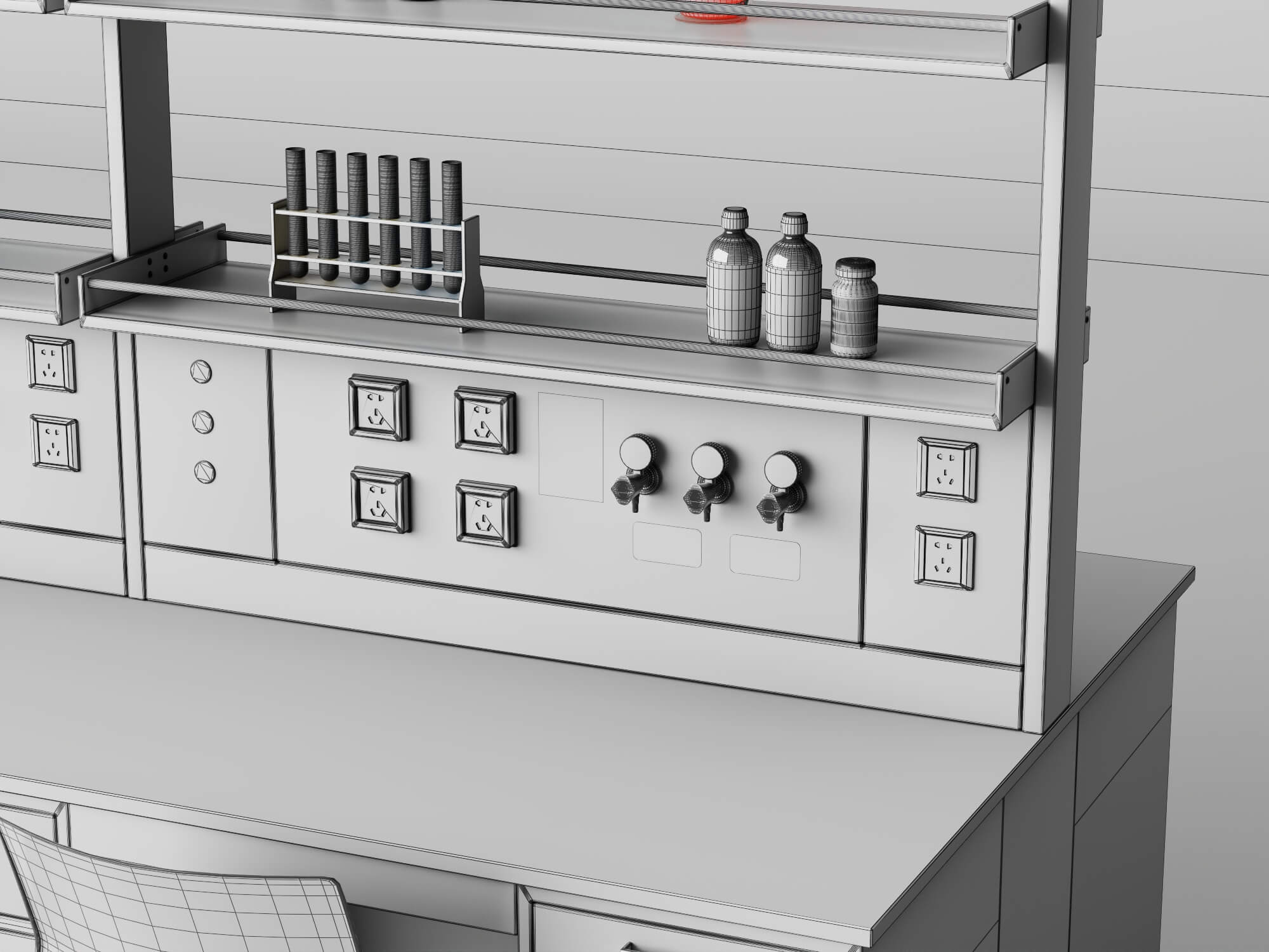 Laboratory Workbench with Chemical Glassware and Chair 3D Model