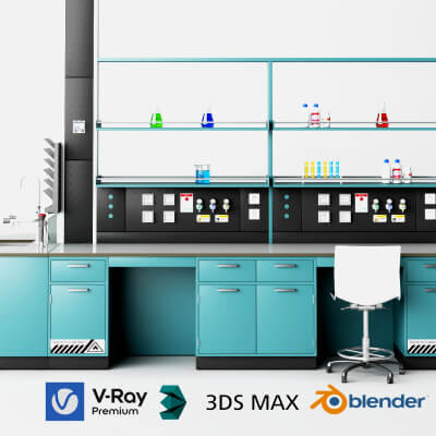 Laboratory Workbench with Chemical Glassware and Chair