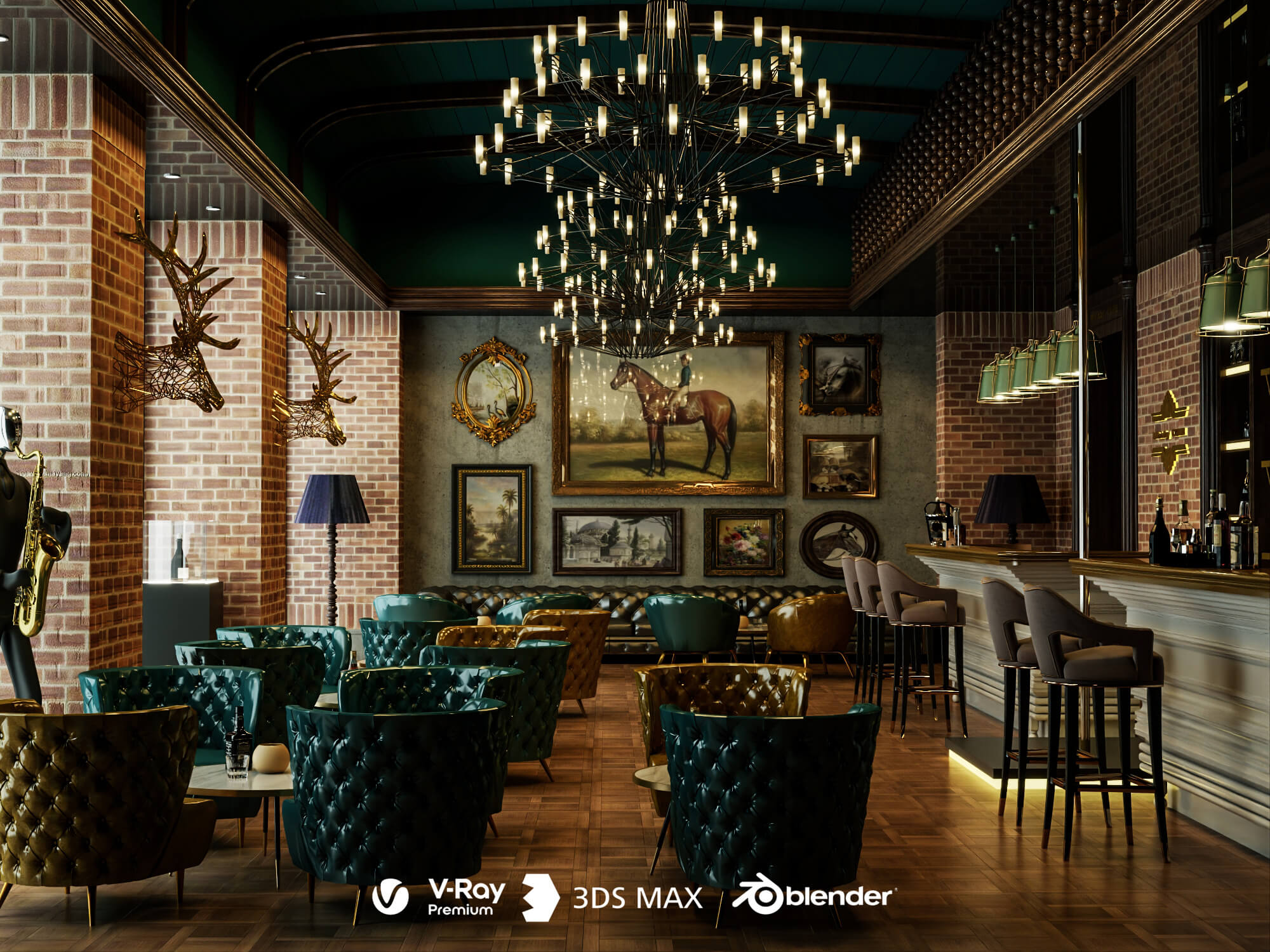 Luxury Vintage Bar Lounge Interior 3D Model