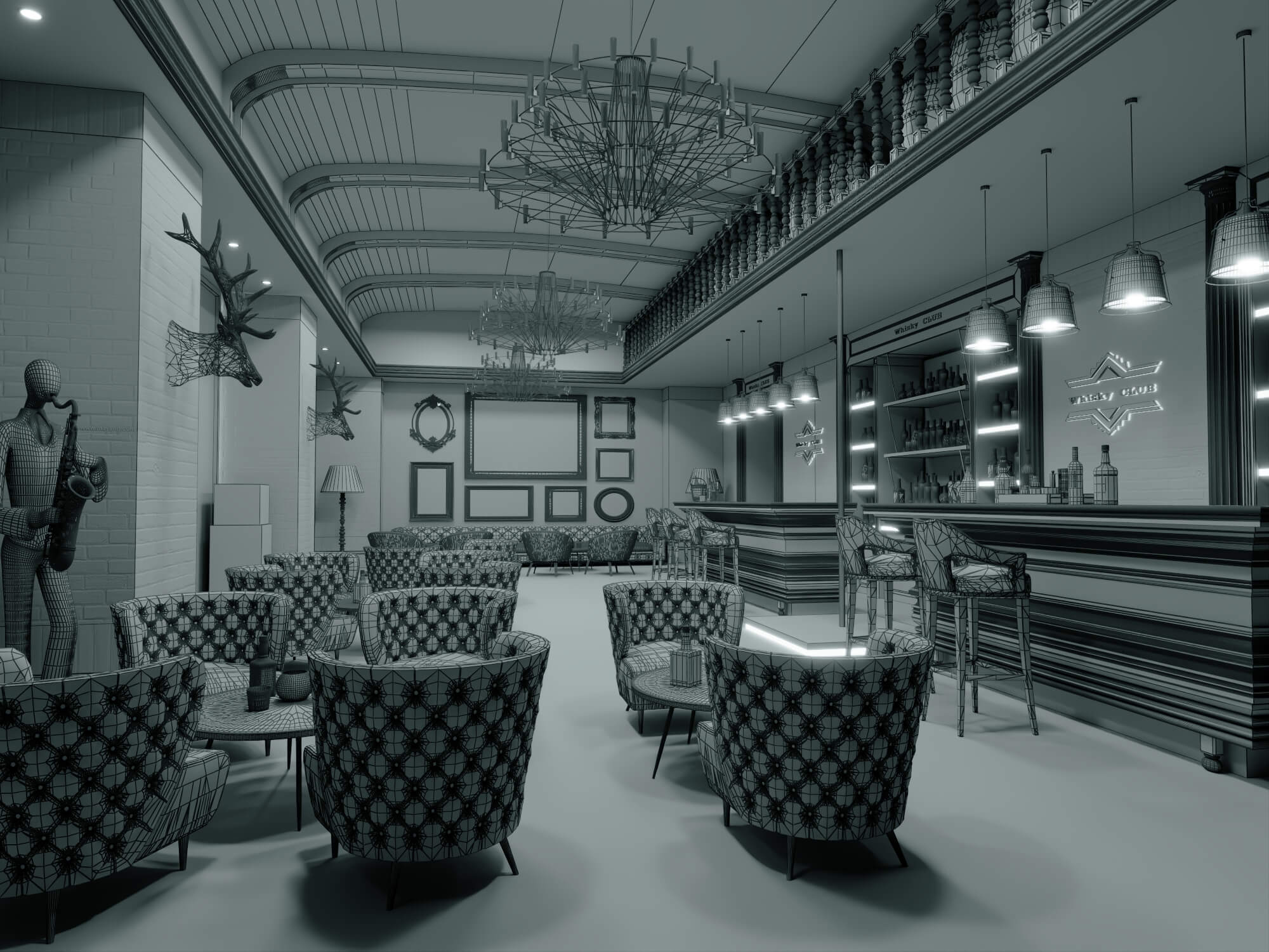 Luxury Vintage Bar Lounge Interior 3D Model