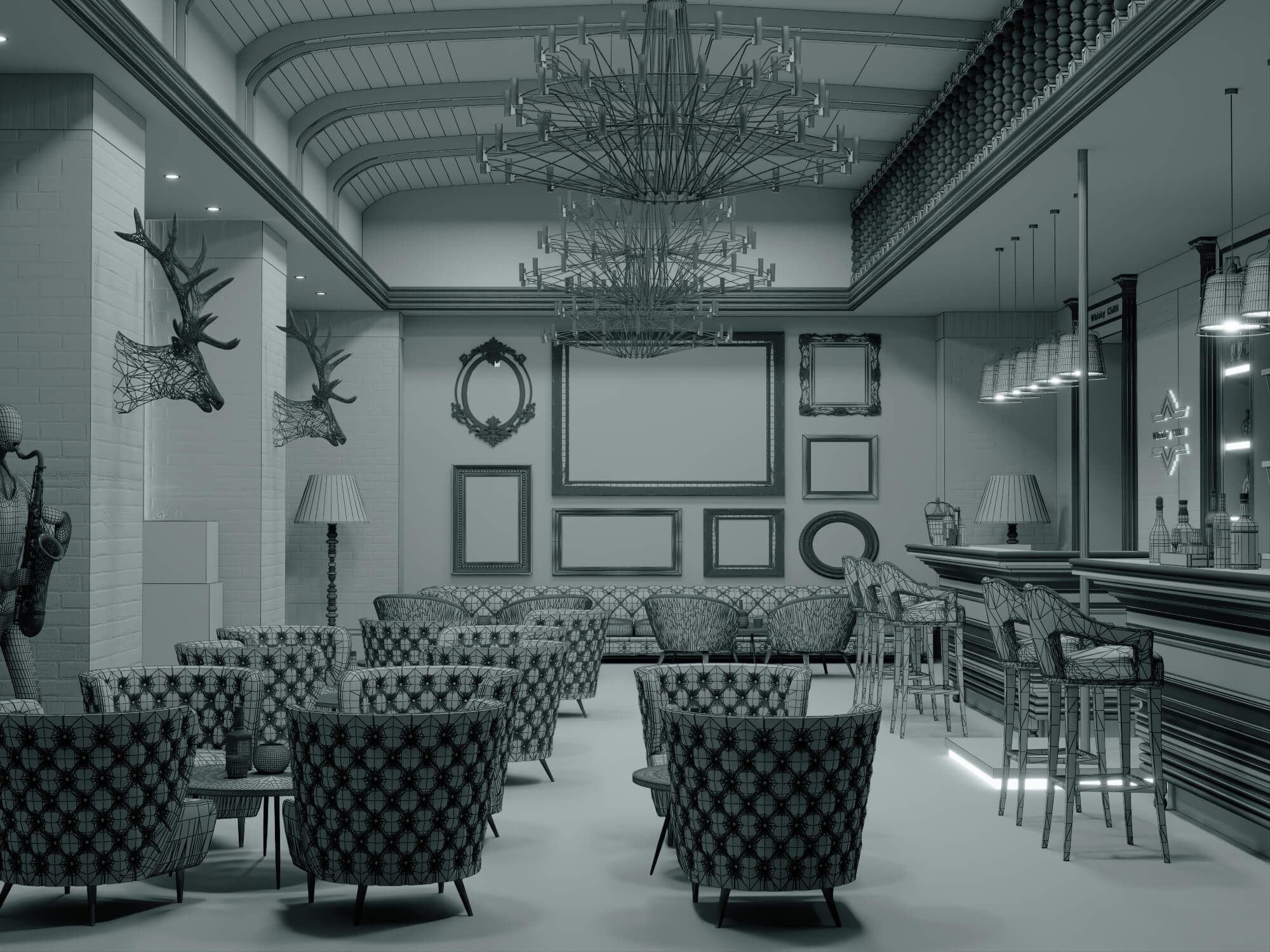 Luxury Vintage Bar Lounge Interior 3D Model