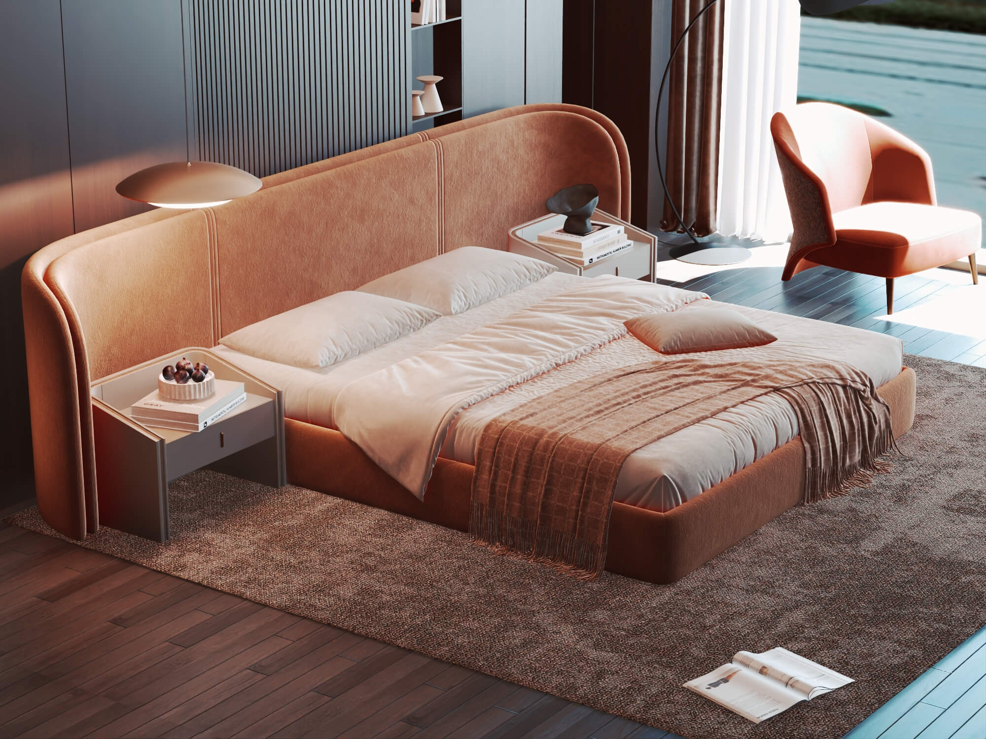 Modern Curved Upholstered Bed Bedroom Interior 3D Model 3D Model