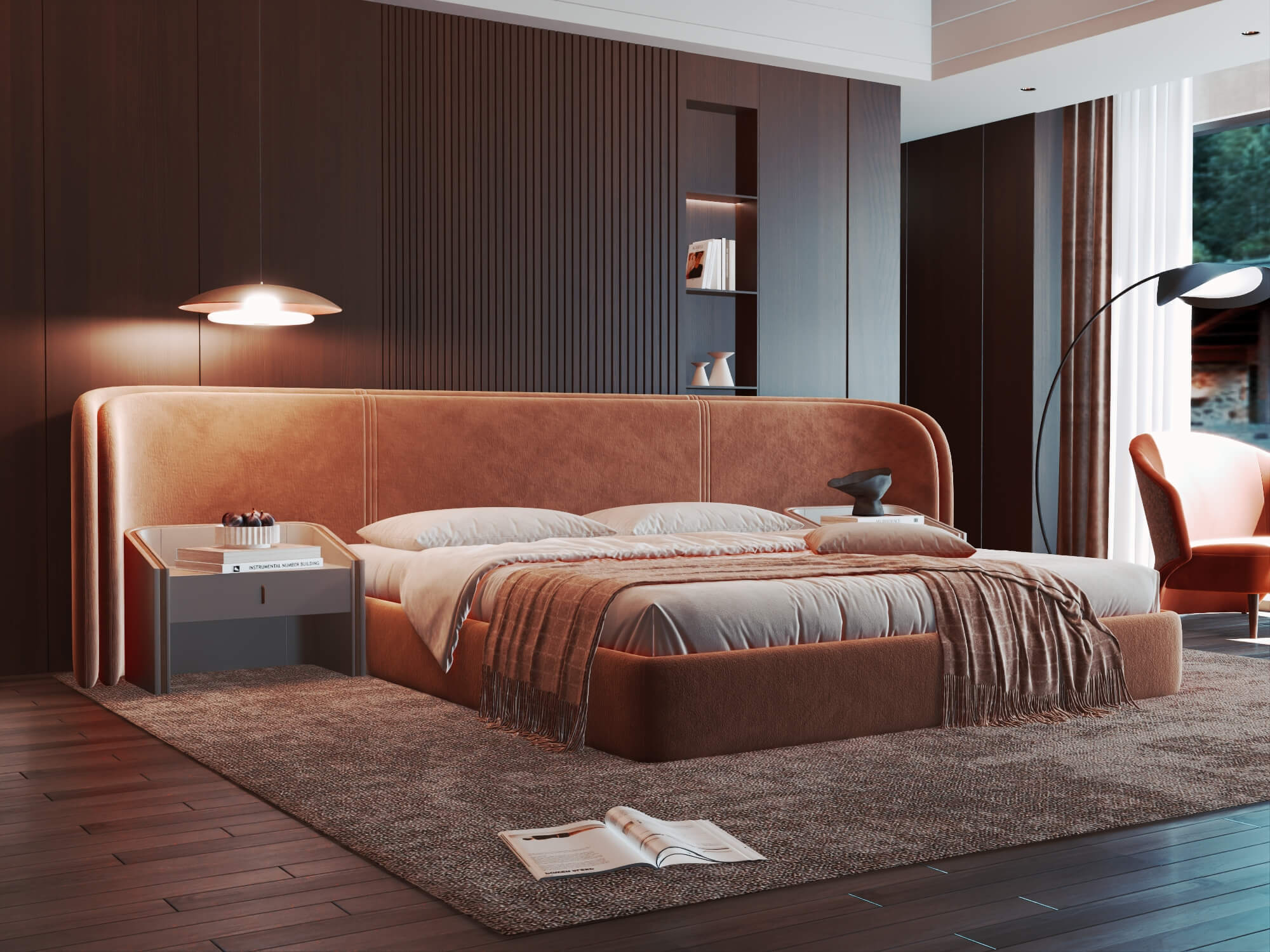 Modern Curved Upholstered Bed Bedroom Interior 3D Model 3D Model