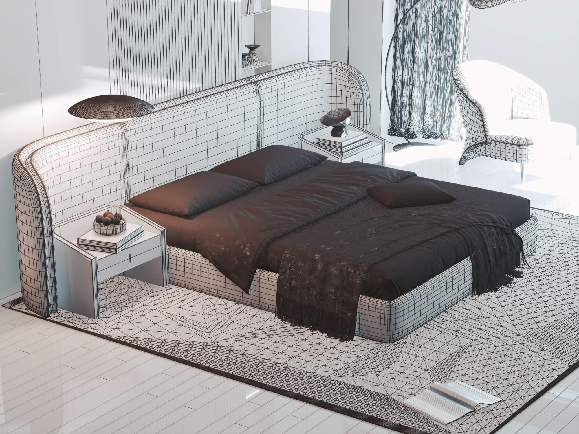 Modern Curved Upholstered Bed Bedroom Interior 3D Model 3D Model