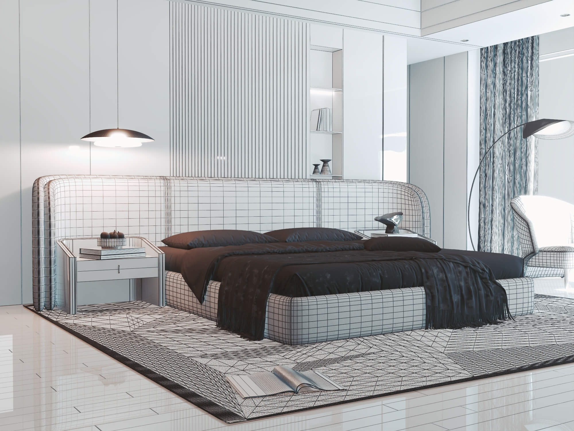 Modern Curved Upholstered Bed Bedroom Interior 3D Model 3D Model