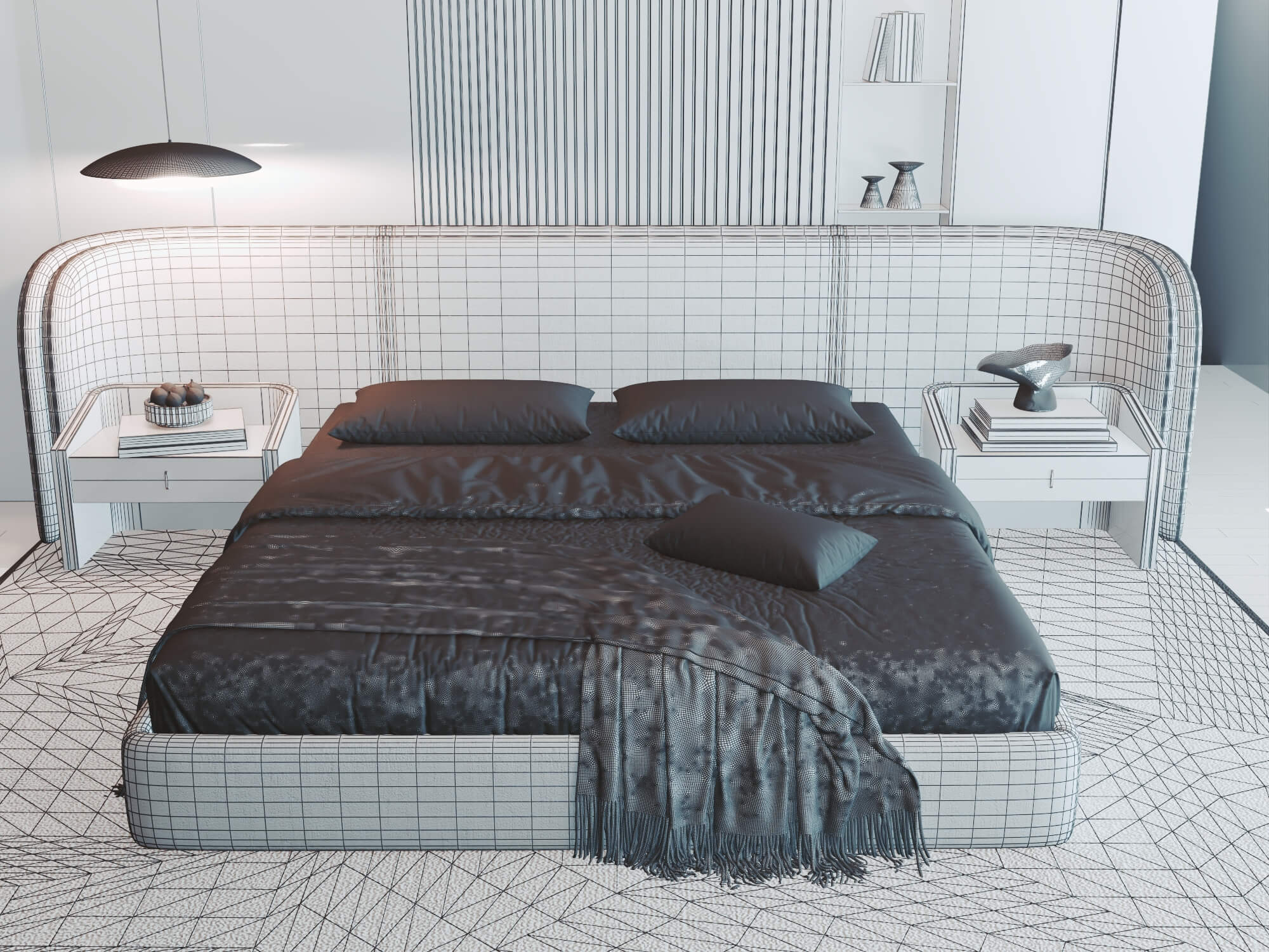 Modern Curved Upholstered Bed Bedroom Interior 3D Model 3D Model