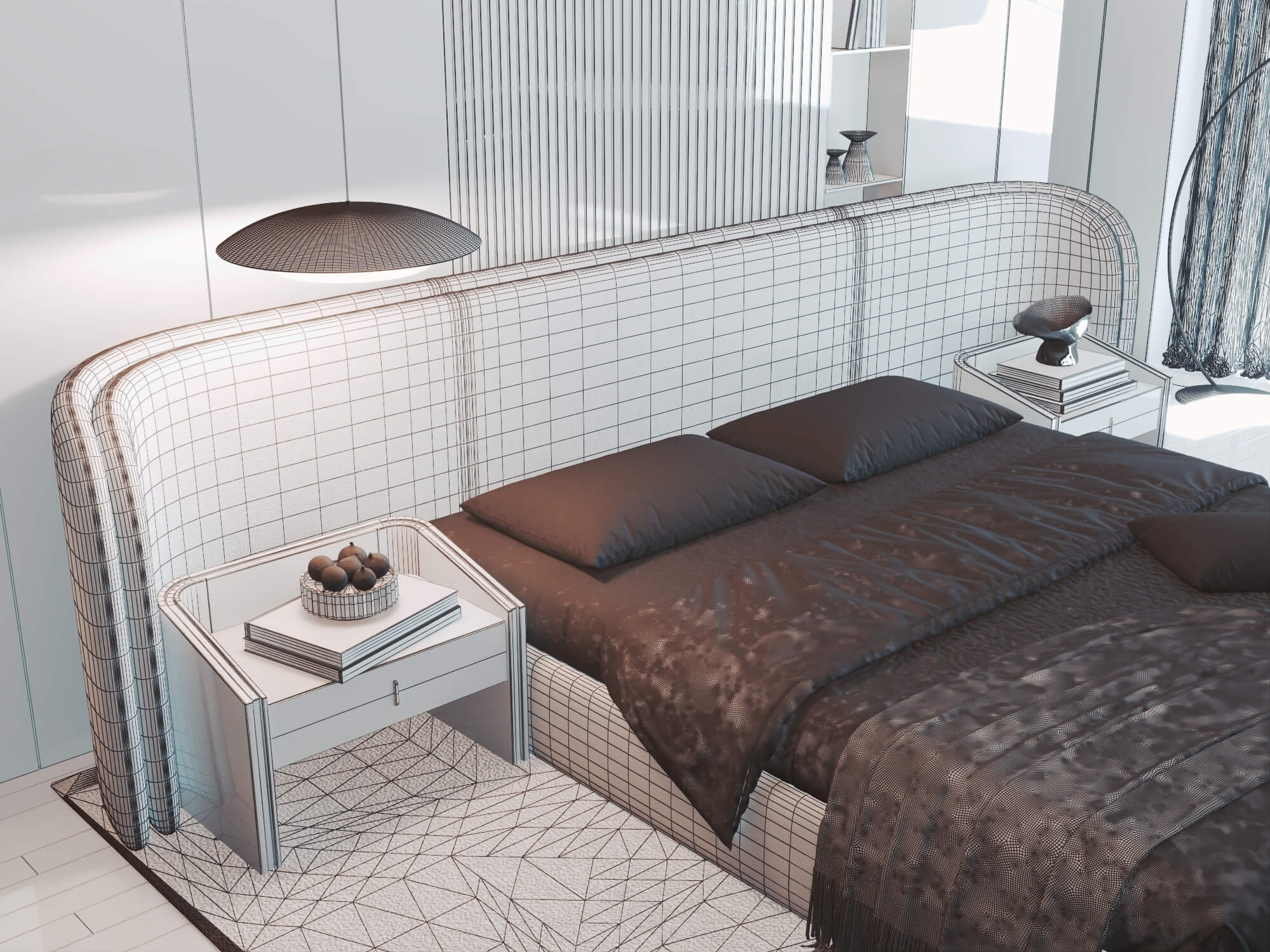 Modern Curved Upholstered Bed Bedroom Interior 3D Model 3D Model