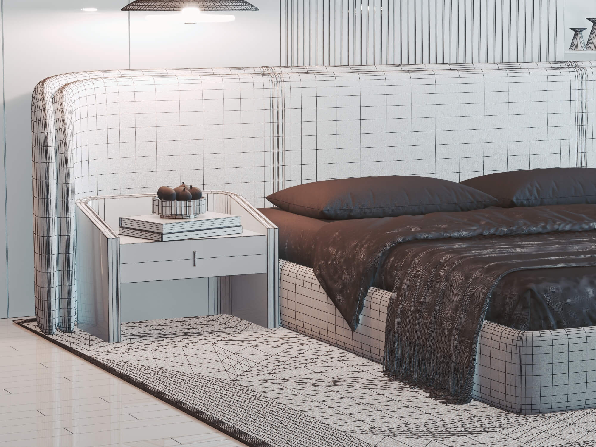Modern Curved Upholstered Bed Bedroom Interior 3D Model 3D Model