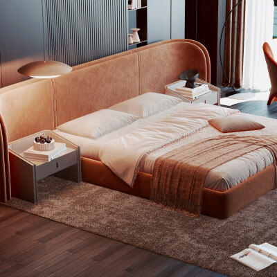 Modern Curved Upholstered Bed Bedroom Interior 3D Model
